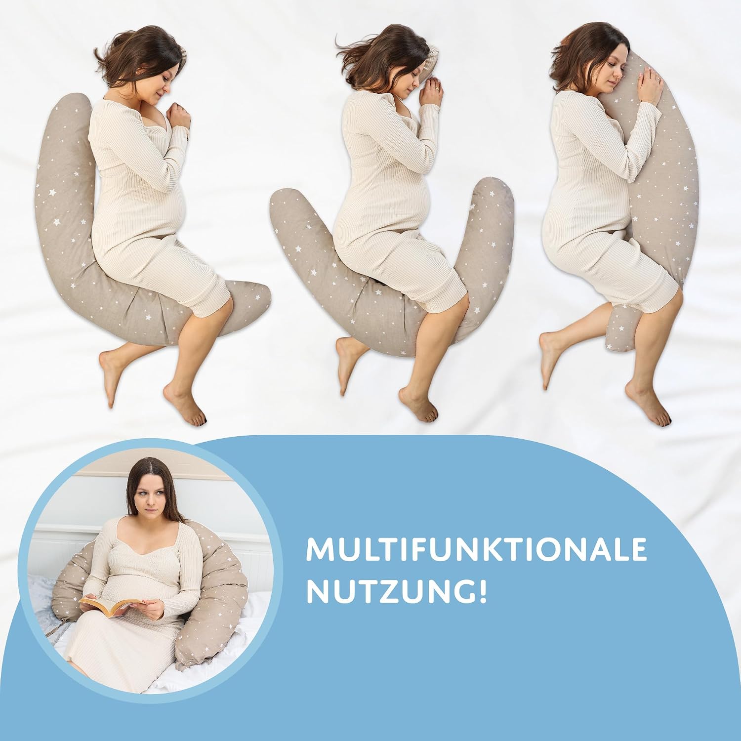 Detalle de Cuscino di sostegno 190 cm – posizionamento per adulti, beige con stelle bianche, fodera sfoderabile OEKO-TEX