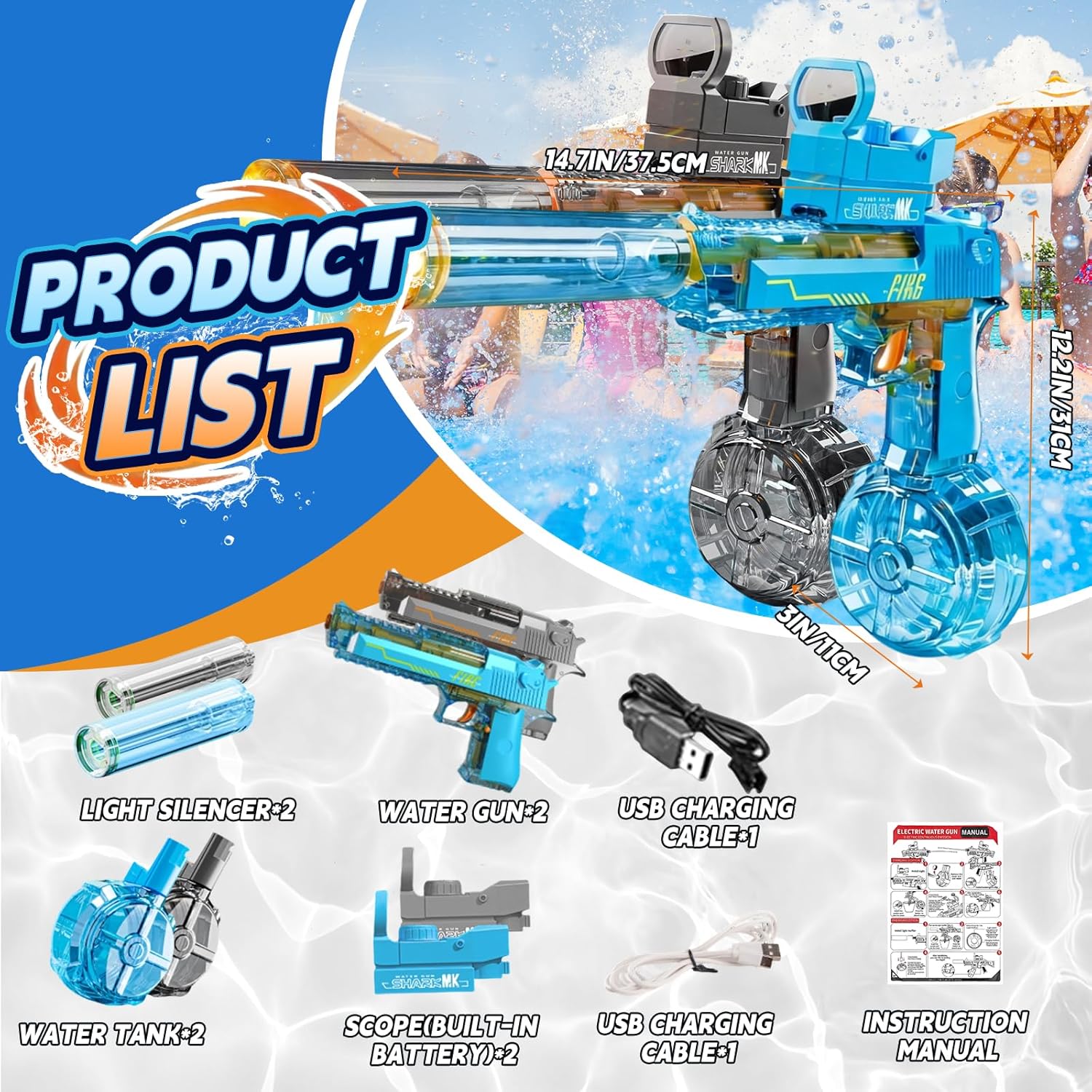 Thumbnail 3 de UROINT Electric Water Gun Toy 2-Pack – Automatic Blaster Pistol for Kids and Adults (Blue & Black)
