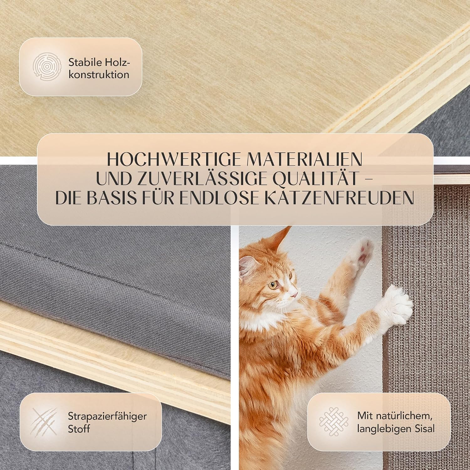 Detalle de Petlinn Premium Kratzbaum – stabiler Katzenbaum für große Katzen (95 cm) mit extrafester Stamm, Naturholz-Look und großzügigen Liegeflächen