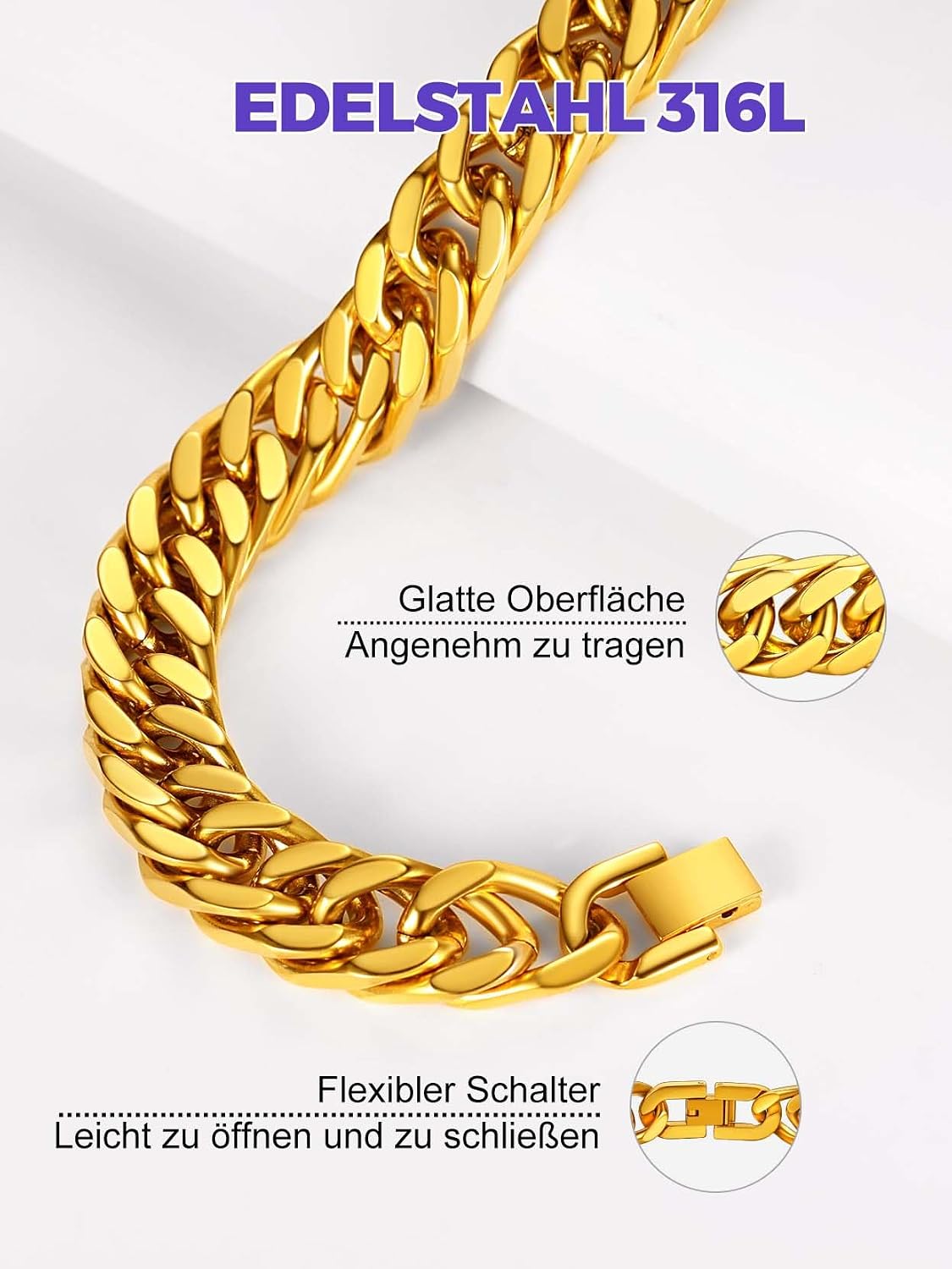 Detalle de Richsteel Herren-Armband aus Edelstahl „Cuban Gliederarmband“ in Silber, Gold oder Schwarz (8/12/17 mm, 19/21/23 cm) mit Geschenkbox