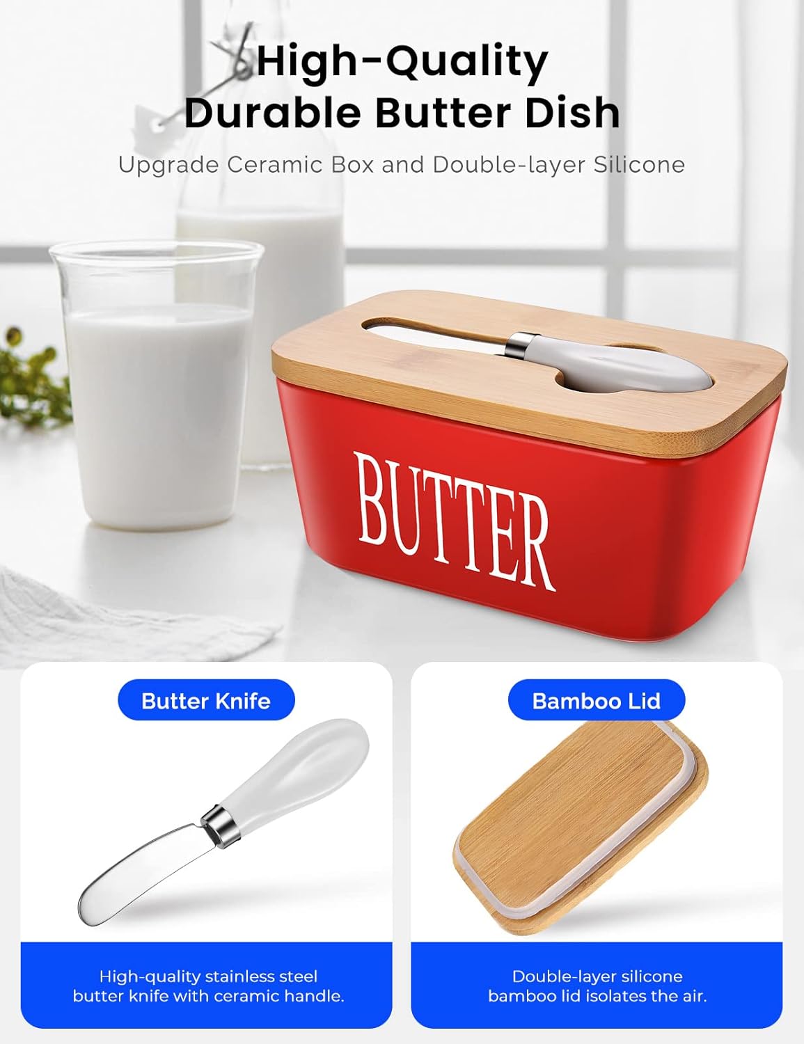 Thumbnail 2 de Large Butter Dish with Lid (Porcelain Butter Container with Knife Holds 2 Sticks) – Red