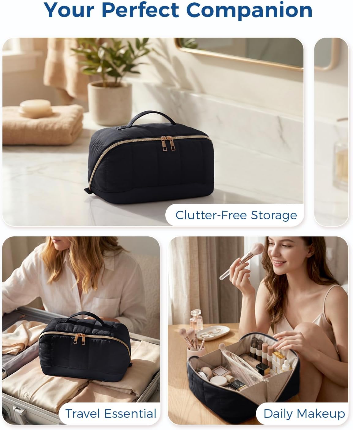 Thumbnail 6 de Travel Makeup Bag Large Quilted Cosmetic Organizer with Brush Compartments & Handle – Black