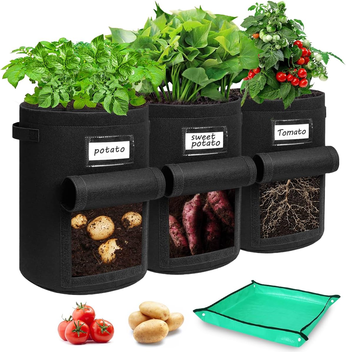 Detalle de Airminti Kartoffel Pflanzsack 50L im 3er Set – Premium Vliesstoff mit Erntefenster, Pflanzmatte & verstärkten Griffen