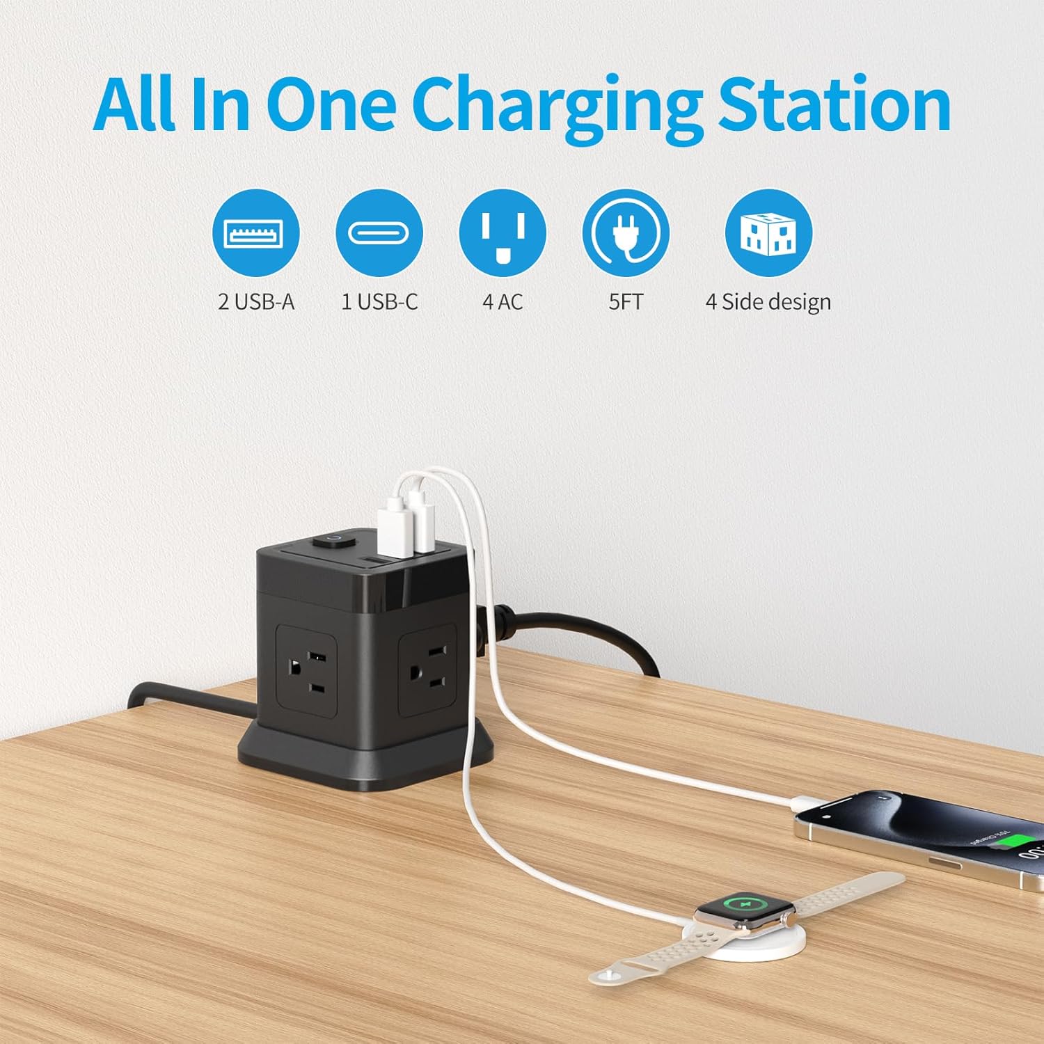 Detalle de FDTEK Flat Plug Power Strip with USB (4 AC + 3 USB), 5 ft Cube Extension Cord, Overload Protection, Black