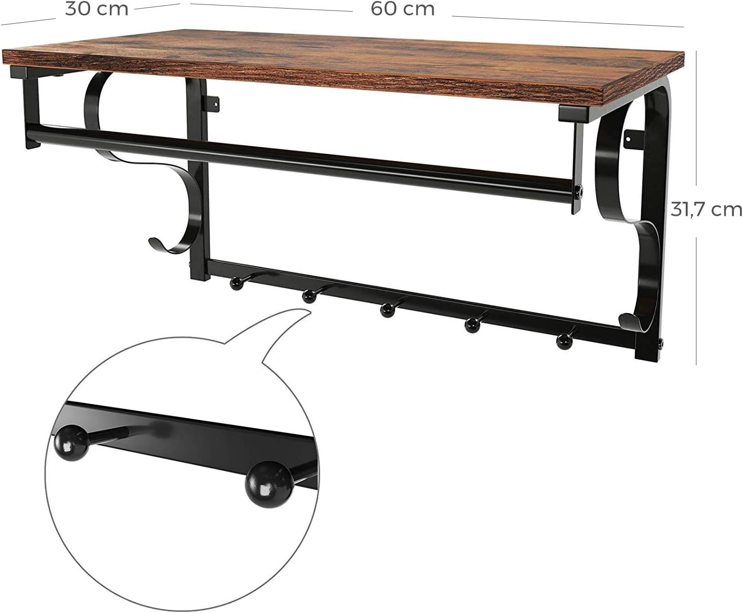 Detalle 1 de VASAGLE LCR11BX Industrial Wall-Mounted Coat Rack with Shelf, 5 Hooks & Bar