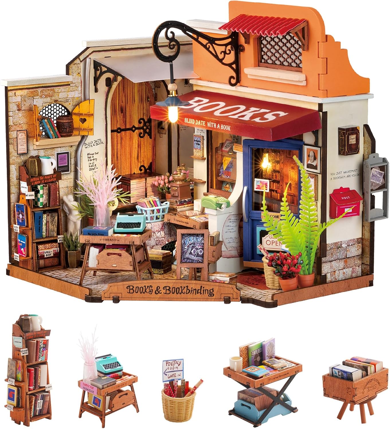 Detalle de Rolife Maison de Poupée Coin Librairie LED – Kit bois 3D à assembler