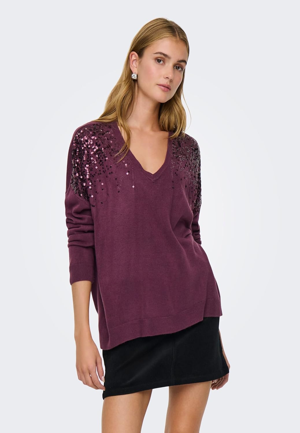 Detalle de ONLY Onlstarry LS Sequin Boxy V-Neck Knit Donna