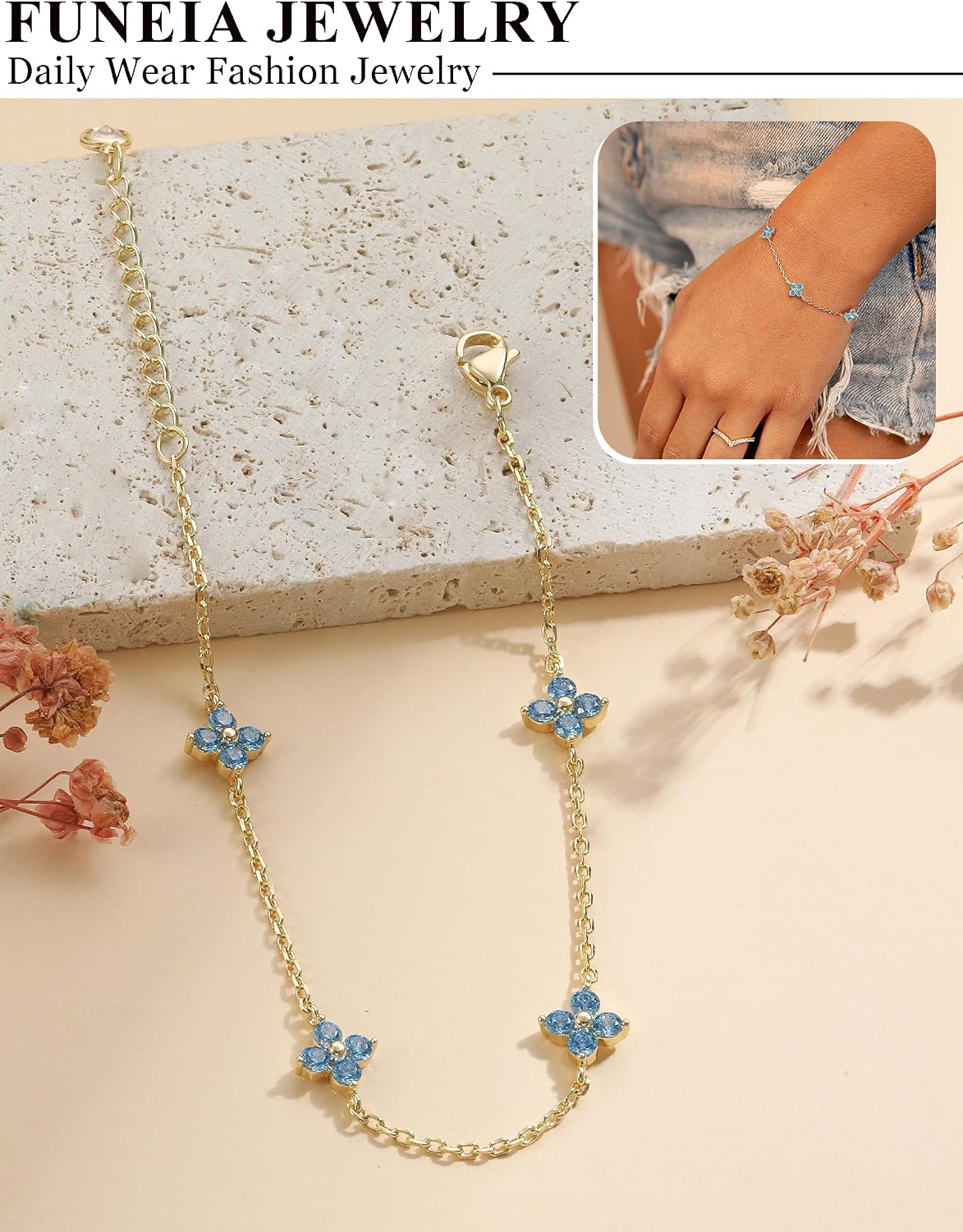 Detalle 2 de FUNEIA Kleeblatt-Armband für Damen, verstellbar, 18K vergoldet mit Zirkonia