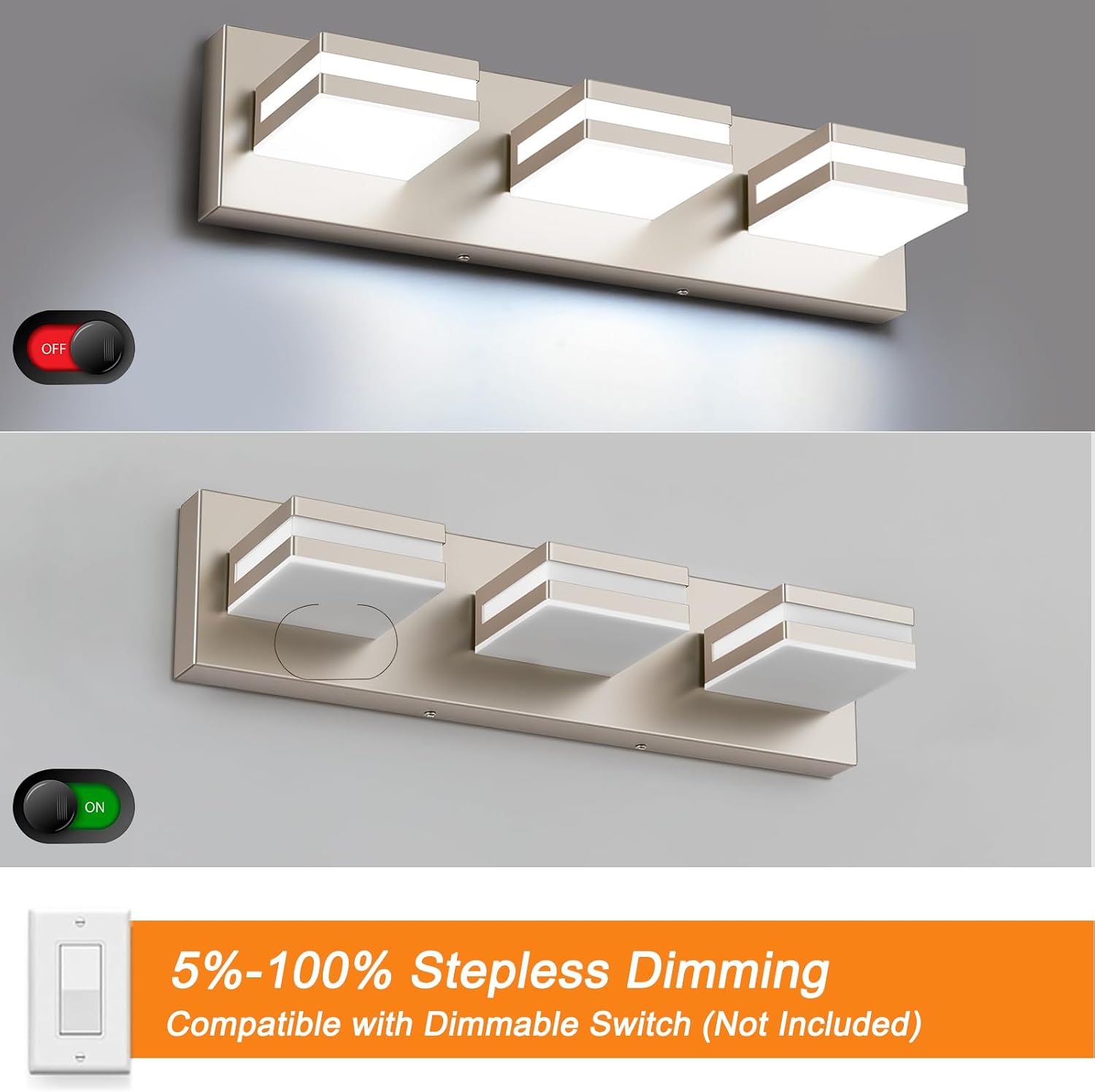Detalle 2 de Leifod 3T-NI 16-Inch 3-Light LED Vanity Light, Dimmable, Brushed Nickel