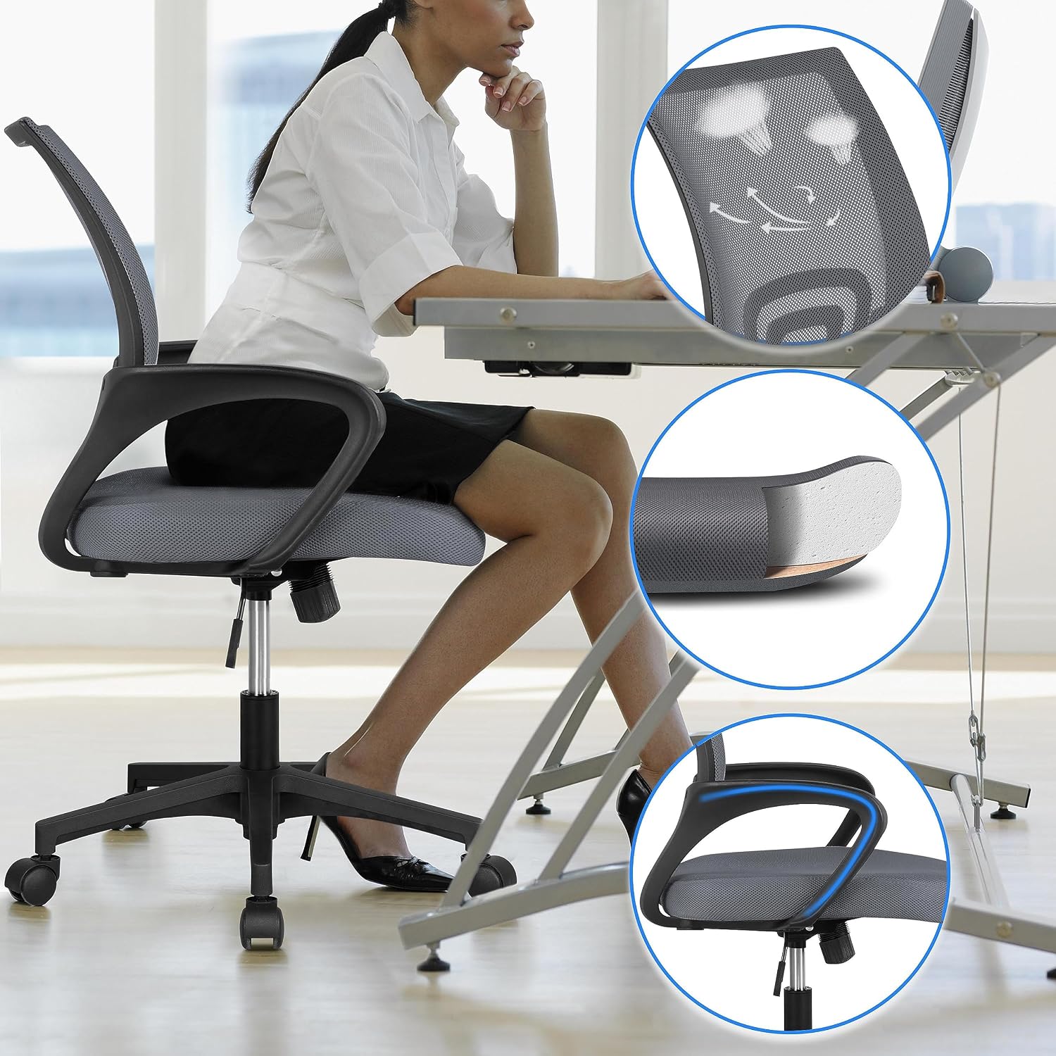 Detalle de Yaheetech Sedia da Scrivania Ergonomica, Reclinabile e Girevole con Braccioli e Ruote - In Rete Traspirante