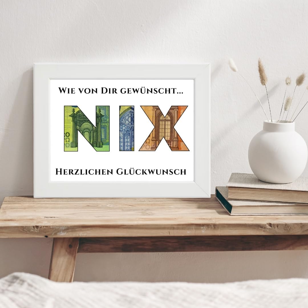 Thumbnail 3 de WALWI „Nichts Geschenk / NIX Geschenk“ im weißen MDF-Holzrahmen – lustiges Geldgeschenk mit Karte