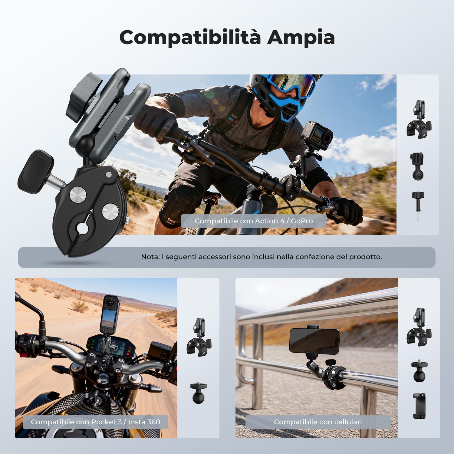 Detalle 2 de K&F CONCEPT MS-100 morsetto a granchio universale per tubi con attacco sfera 1/4”-20 e accessori per action cam e smartphone