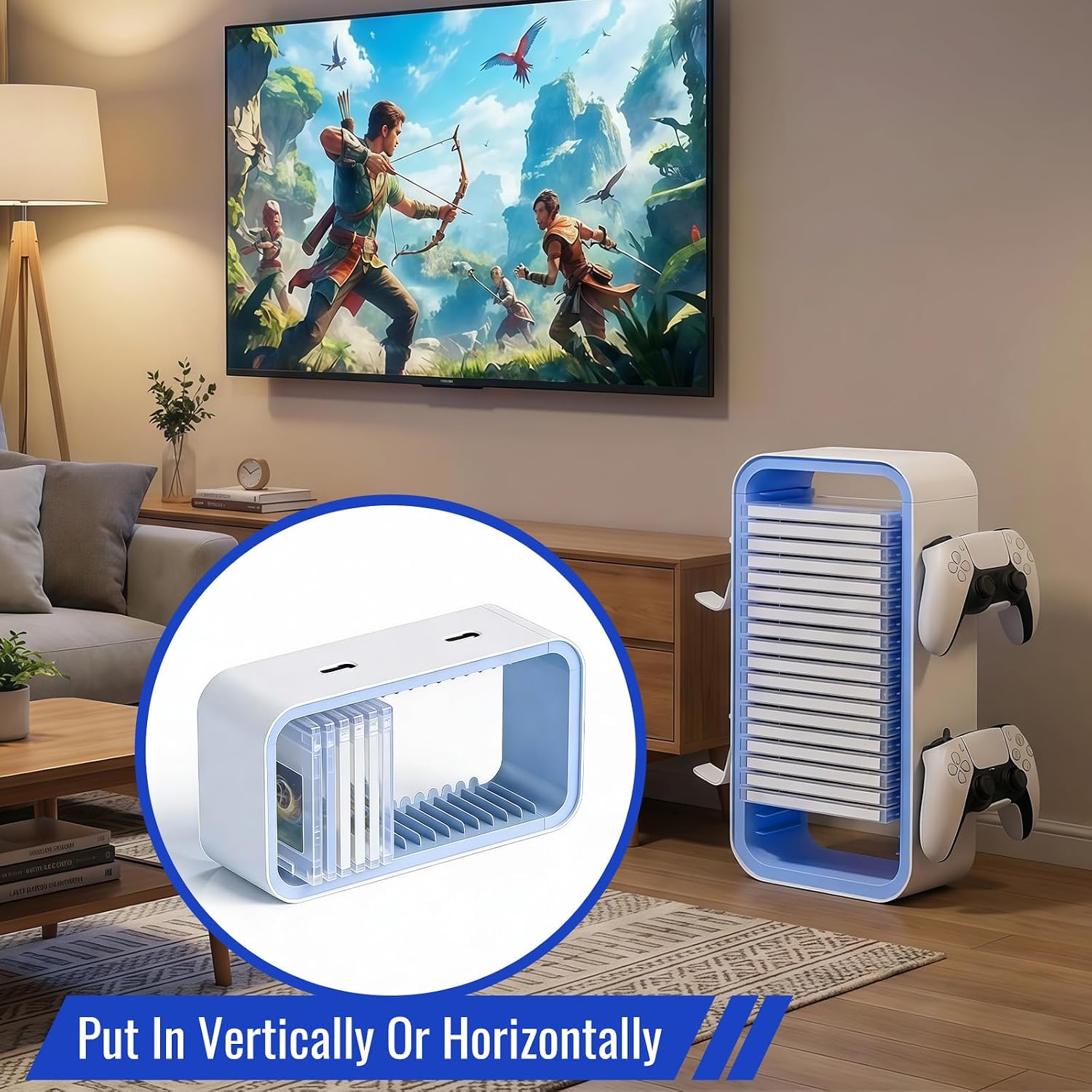 Detalle de CHUNGG universal game storage tower for 19 DVD/Blu-ray cases with controller & headphone holders (white & blue)
