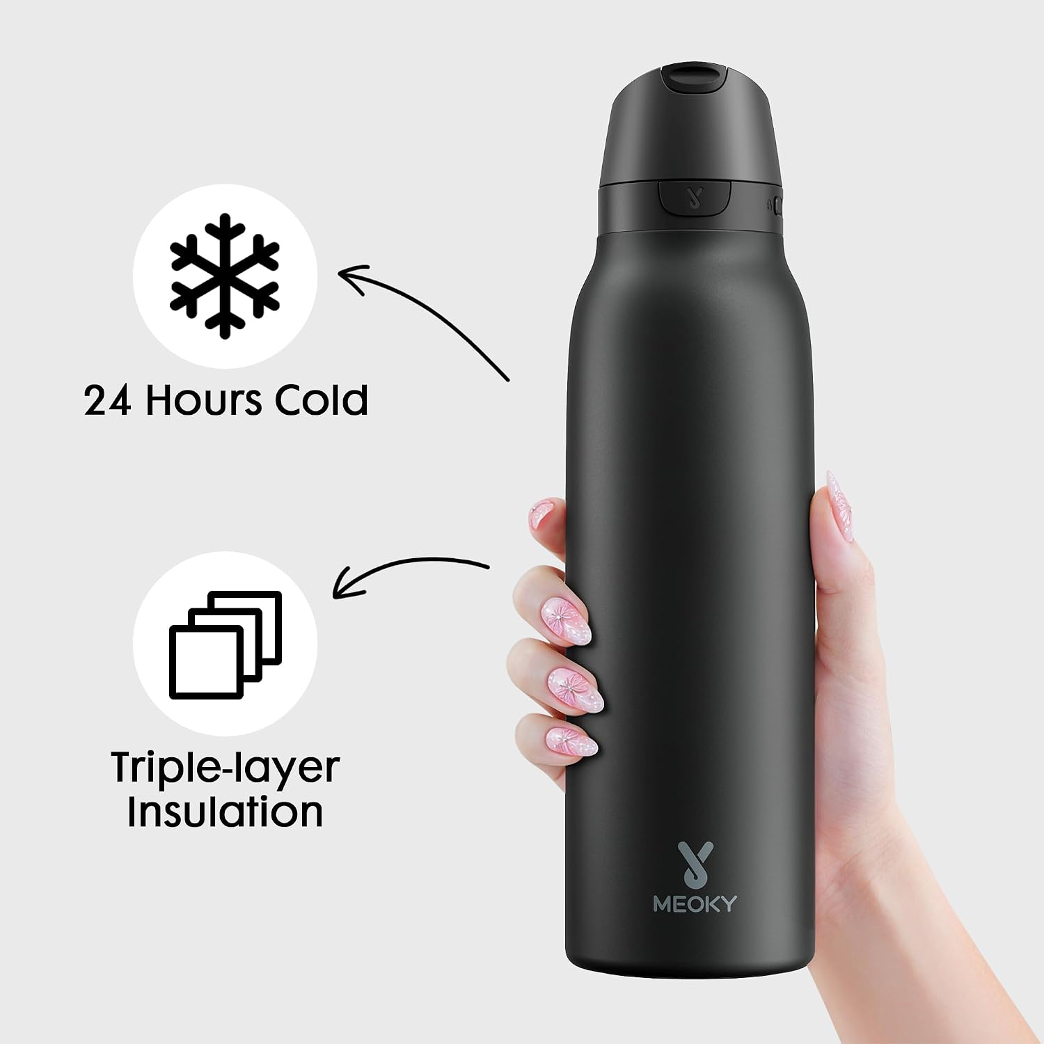 Detalle 2 de Meoky 24 oz Slim Insulated Water Bottle with Leak-Proof Locking Lid