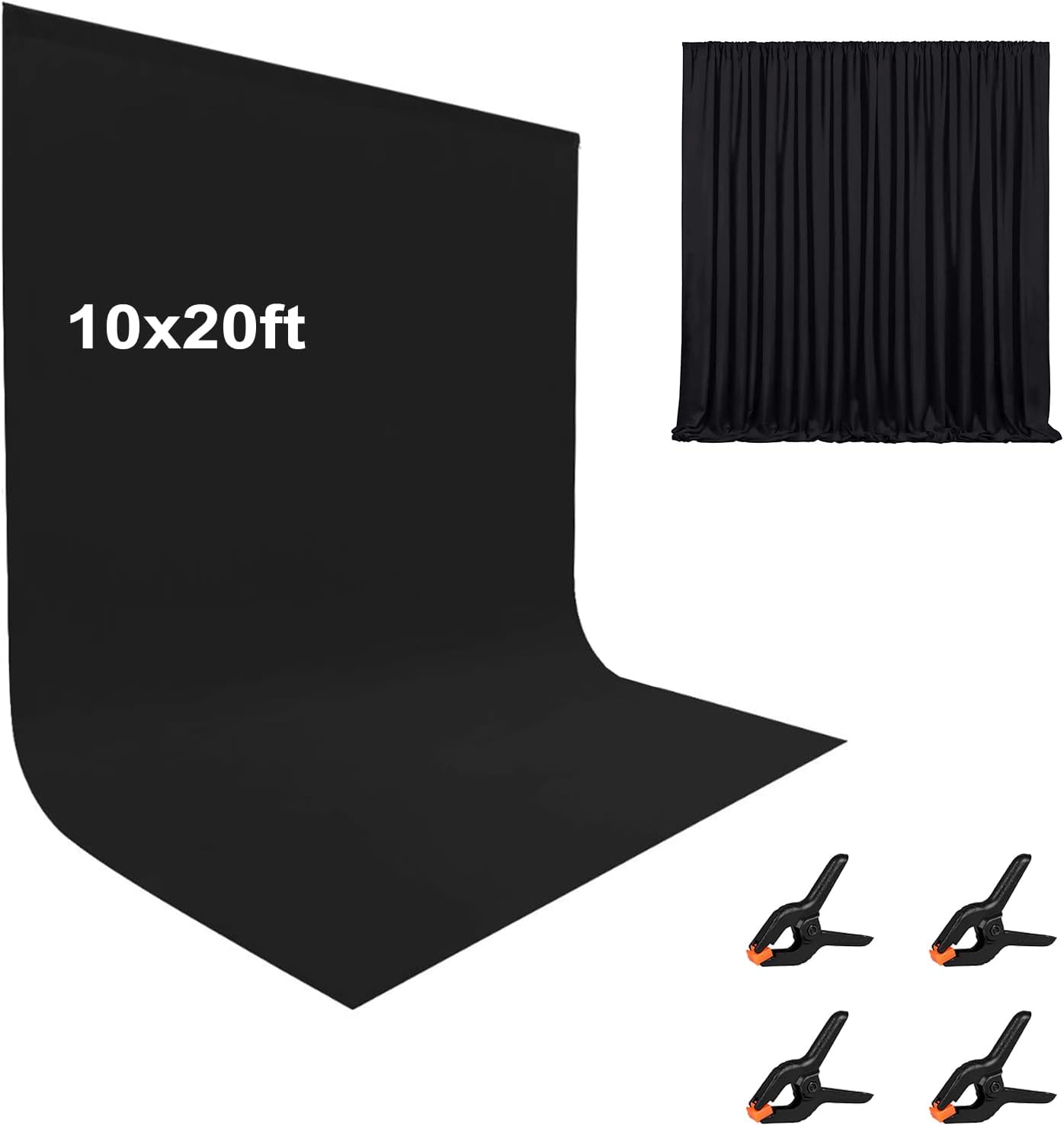 LCUIRC 10x20ft Black Photo Backdrop Curtain (Two Rod Pocket) with 4 Spring Clamps for Photography & Events