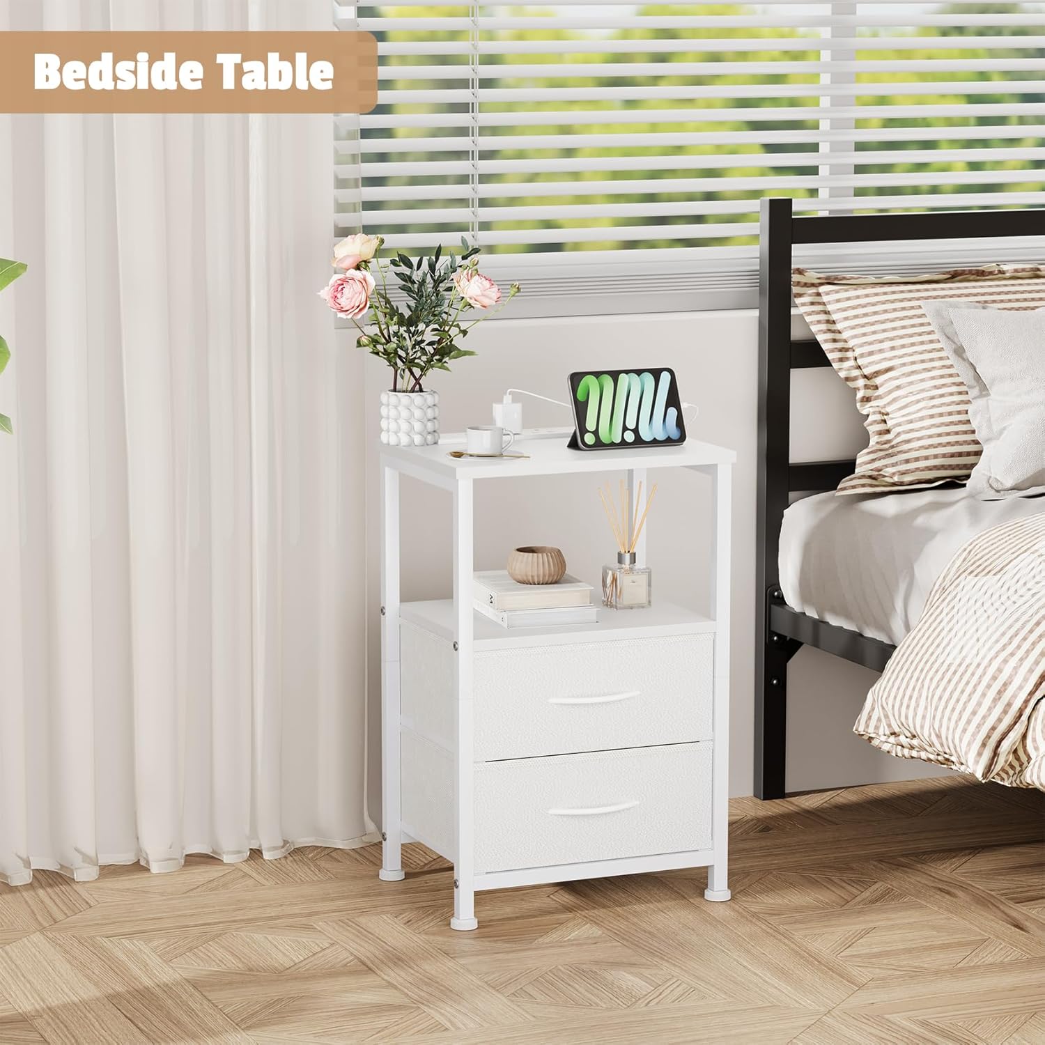 Detalle 2 de Yornoli Bedside Table with Charging Station – 40cm Wide, White with LED Lights and Fabric Drawers