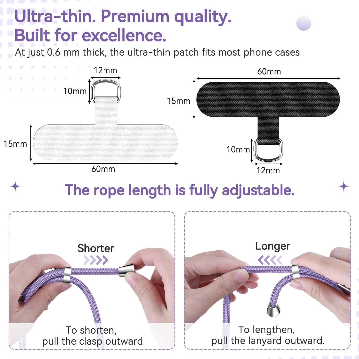 Thumbnail 3 de iVoler Cordino universale per cellulare con 2 patch regolabile e rimovibile (viola chiaro) — per iPhone, Samsung, Xiaomi