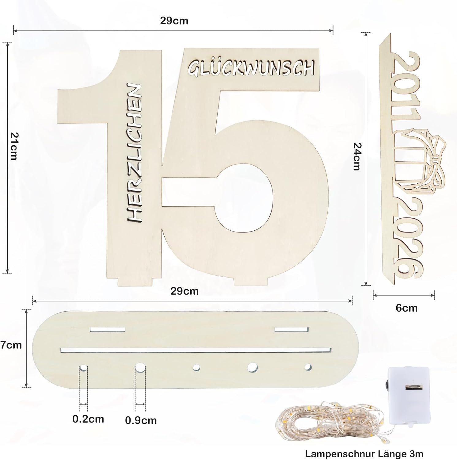 Detalle 2 de Seutgjie Deko zum 15. Geburtstag: LED-Lichterkette Geldgeschenk mit Fliege, Holzschild & Geschenkpapier (29 x 21 cm)