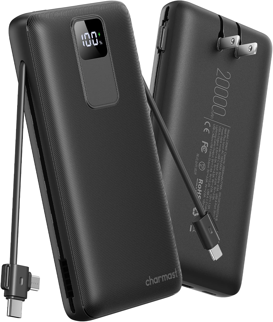 Detalle de charmast 20,000mAh Portable Charger with Built-In Cables and AC Plug