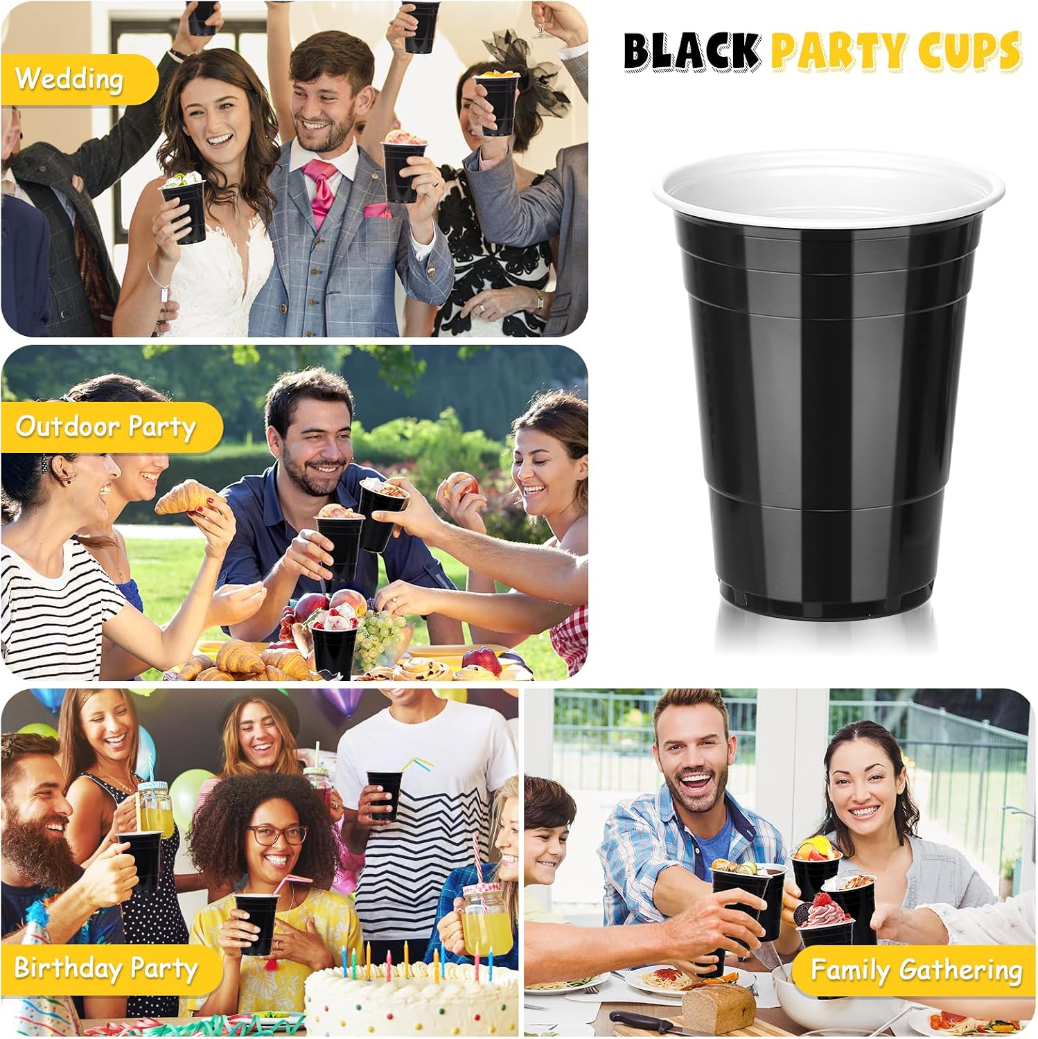Thumbnail 6 de DI QIU REN 16 oz Black Plastic Cups, 100-Pack, Stackable with Fill Lines