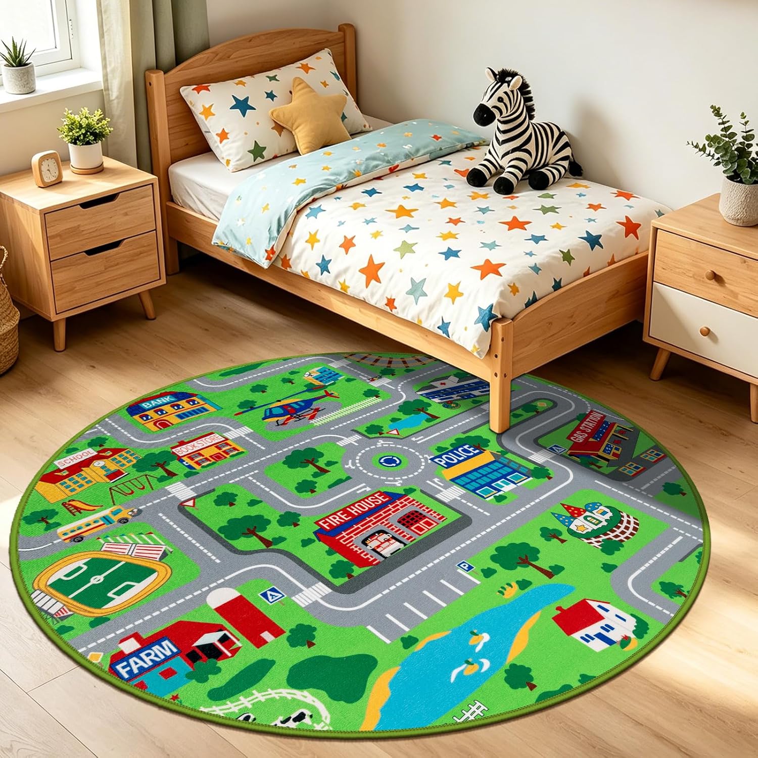 Detalle de Capslpad Kids Play Mat Round 120 cm: Non-Slip City Road Play Rug for Nursery, Playroom or Bedroom