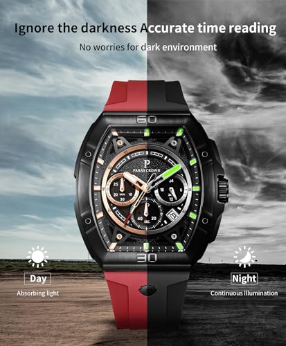 Thumbnail 5 de PC PARAS CROWN Montre Homme Quartz Chronographe – Boîtier Tonneau, acier inoxydable, 5 ATM, bracelet silicone