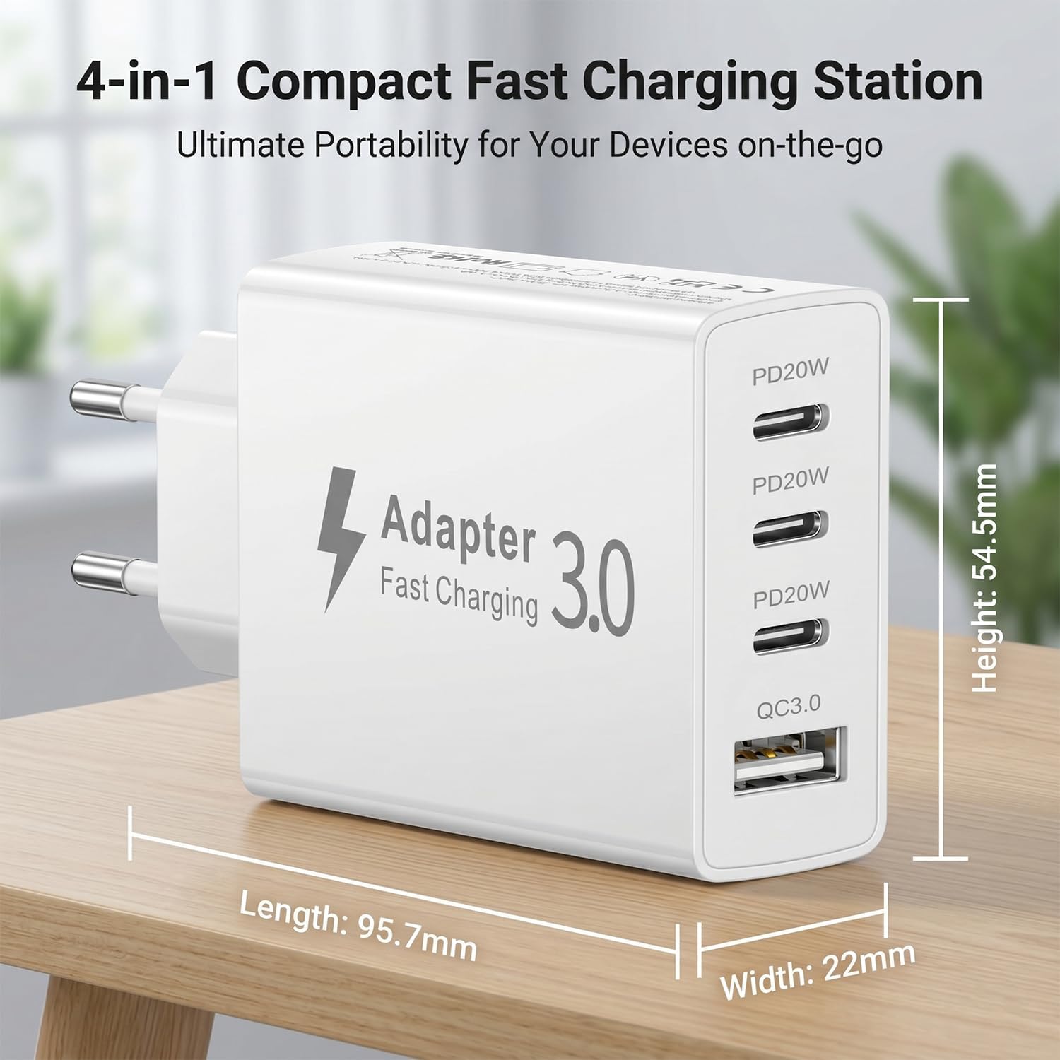 Detalle de Poukey 50W 4-poorts USB-C-lader met 3 USB-C-poorten en kabel van 2 m