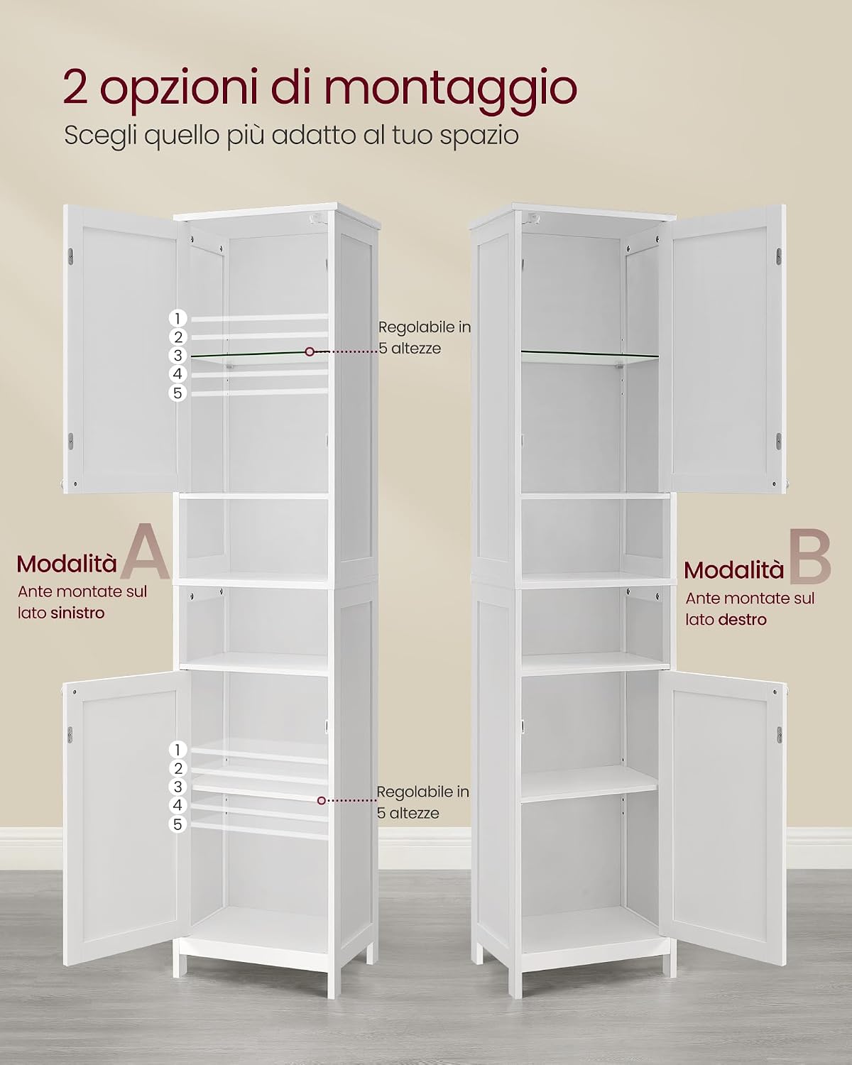 Detalle de VASAGLE Mobile da Bagno con Luce BBC766WH03 — Mobiletto salvaspazio con ripiani regolabili
