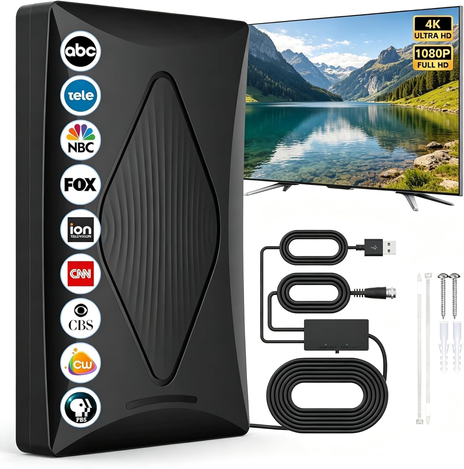 Detalle de 2026 TV Antenna for Digital TV Indoor/Outdoor with Amplifier — 360° Reception, 16.5ft Cable, 200% Wider Signal Reach