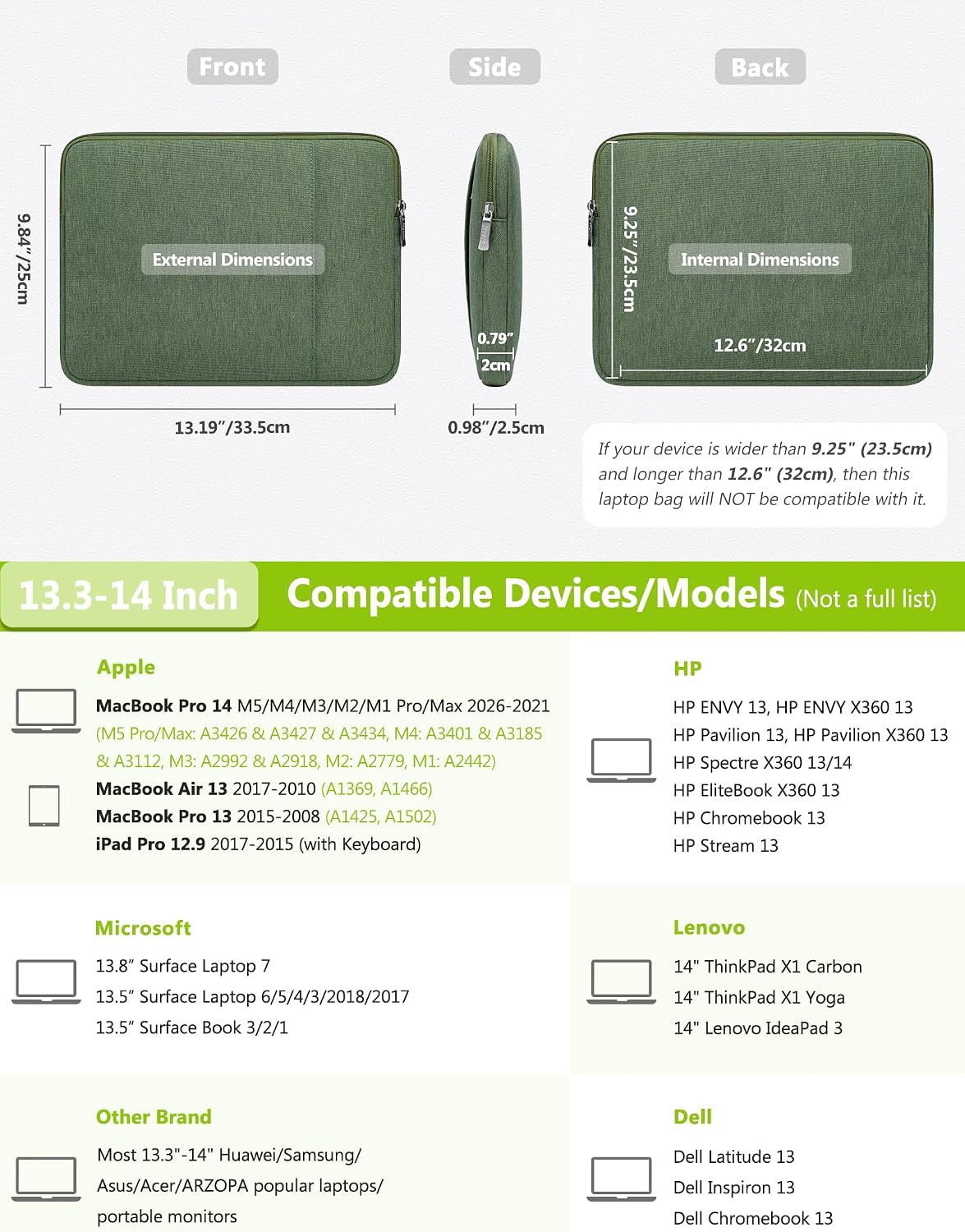 Detalle 2 de HYZUO 13,3–14 Zoll Laptophülle Set für MacBook Pro 14 und weitere Modelle – Grasgrün