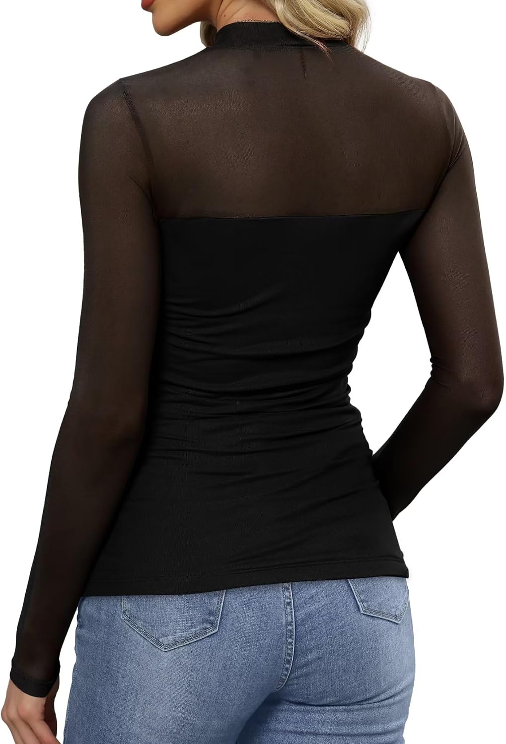 Detalle 1 de WIHOLL Sheer Mesh Mock Turtleneck Top for Women with Long Sleeves and Ruched Fit