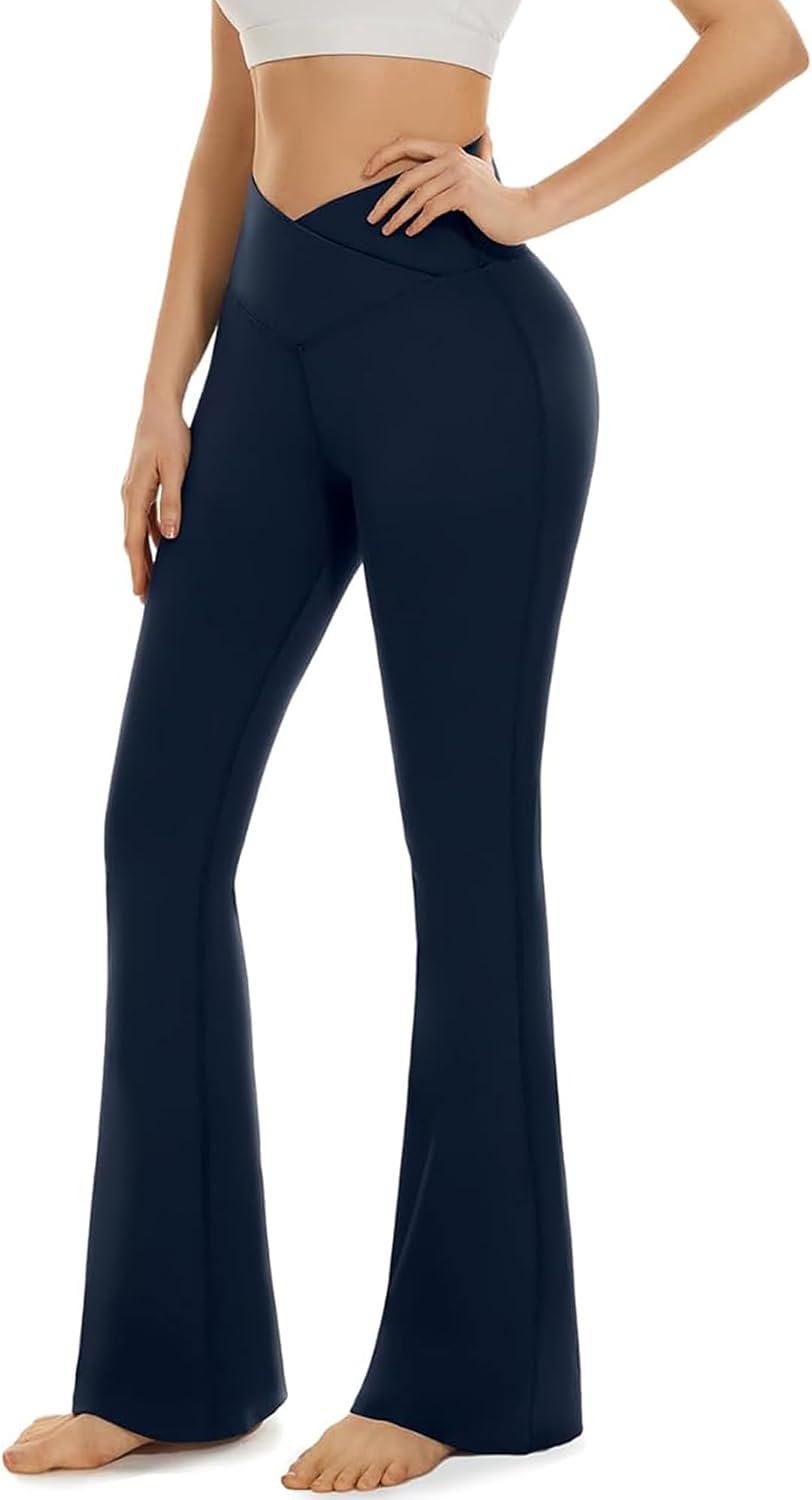 Detalle de BLONGW High-Waisted Flared Yoga Pants with Pockets (78% nylon, 22% spandex) – buttery-soft black leggings