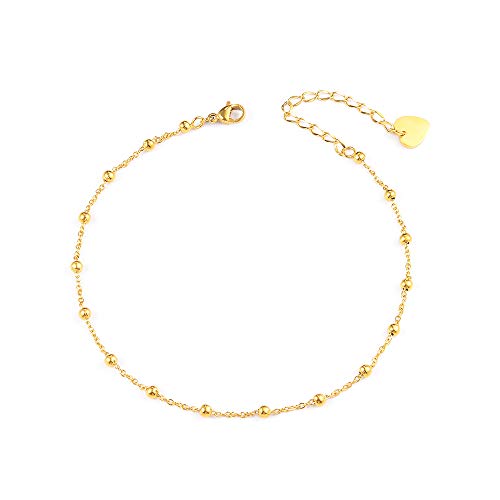 Detalle de VU100 Bracelet de Cheville pour Femme – Perles dorées, chaîne réglable en acier inoxydable