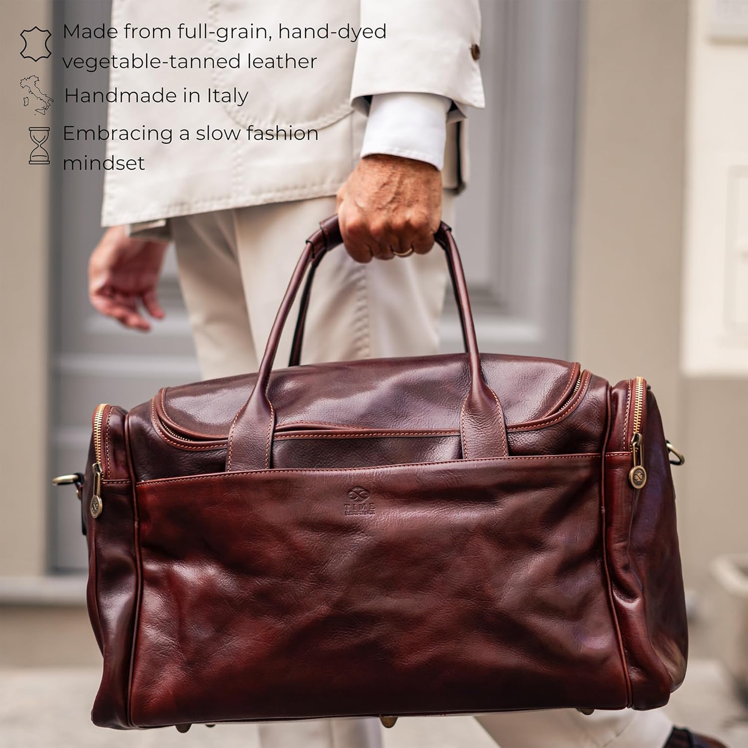 Detalle 2 de Time Resistance Full Grain Leather Duffle Travel Bag – Overnight Carry-On in Italian Craftsmanship