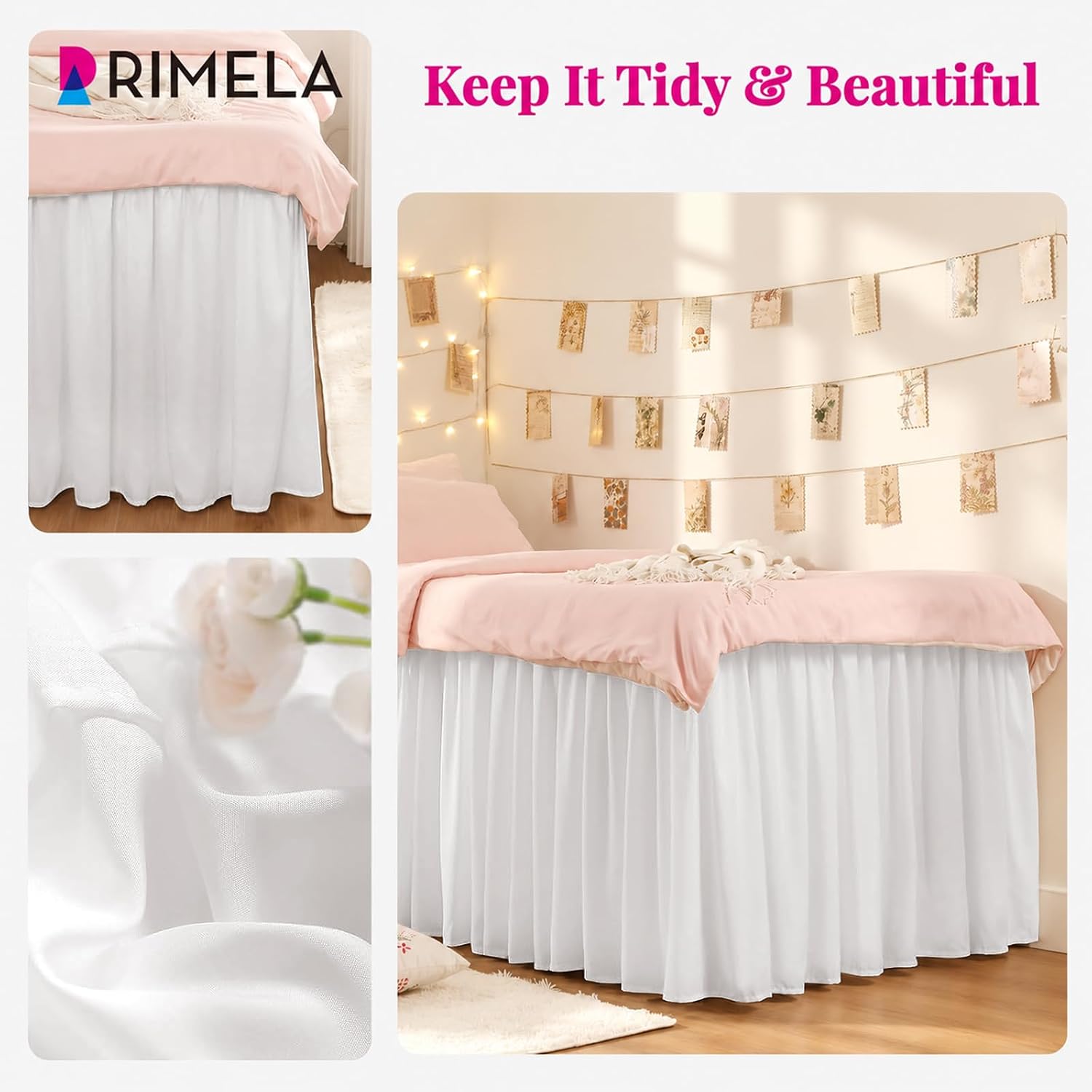 Detalle de RIMELA Twin XL Dorm Bed Skirt with 36-Inch Drop – Easy Wrap-Around Elastic Dust Ruffle in Warm White