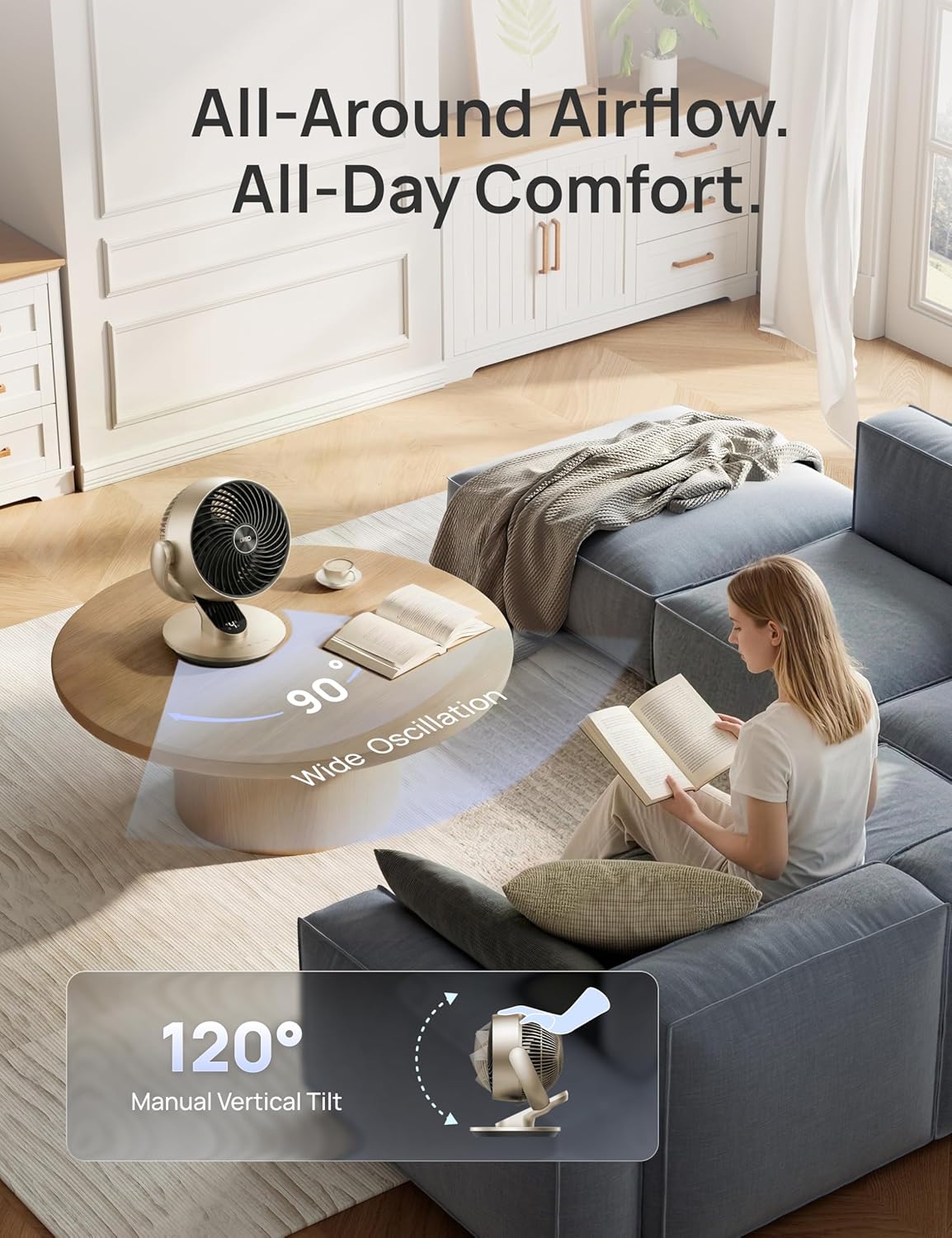 Thumbnail 3 de DREO Smart Desk Fan for Bedroom (Gold) – 70 ft Circulation, 120° vertical tilt, 90° horizontal oscillation, 4 speeds, 5 modes, 12H app timer
