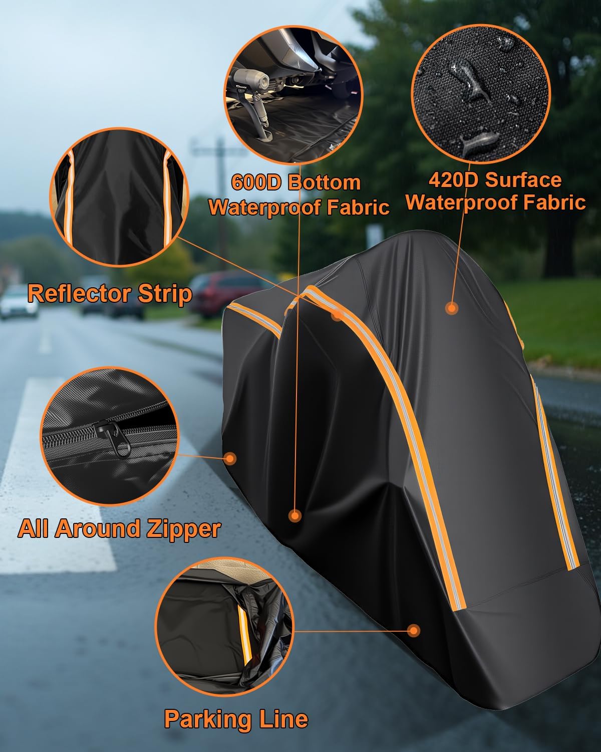 Thumbnail 6 de FJWDSC Full Enclosed Motorbike Cover (600D) – Waterproof All Weather with Reflective Strips