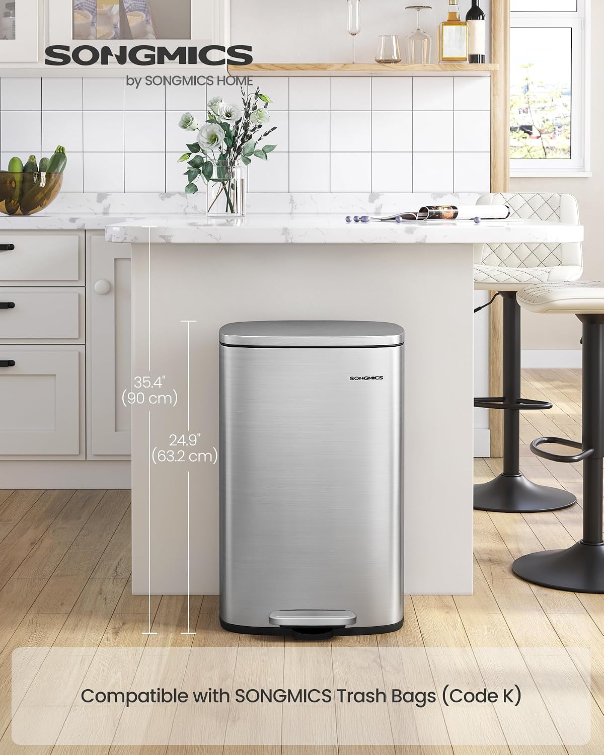 Thumbnail 1 de SONGMICS 13 Gallon Stainless Steel Trash Can (ULTB050E01) with Soft Close & Step-On Pedal