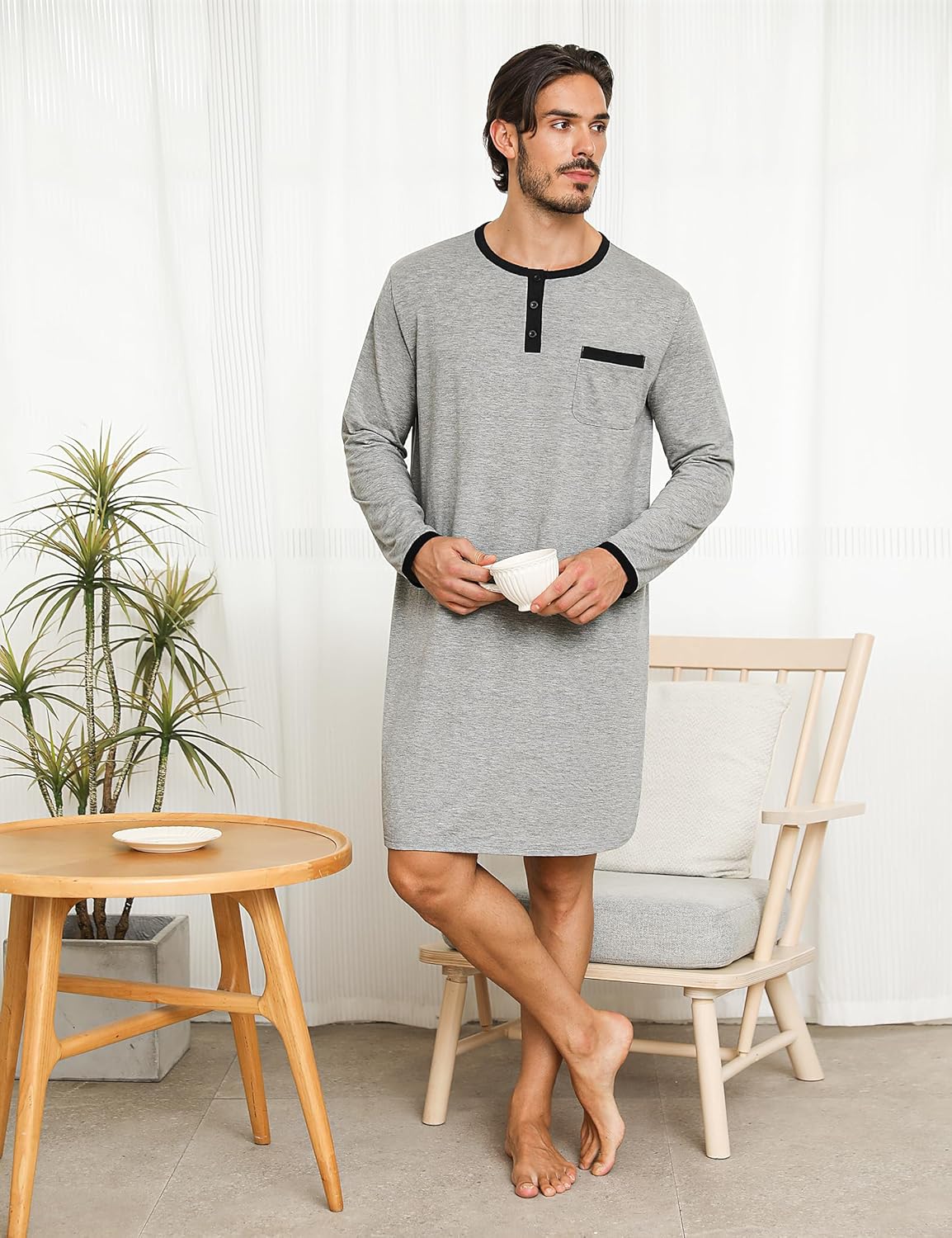Detalle de Uniexcosm Chemise de Nuit pour Hommes – Hauts de Pyjama à Manches Longues et Col Rond
