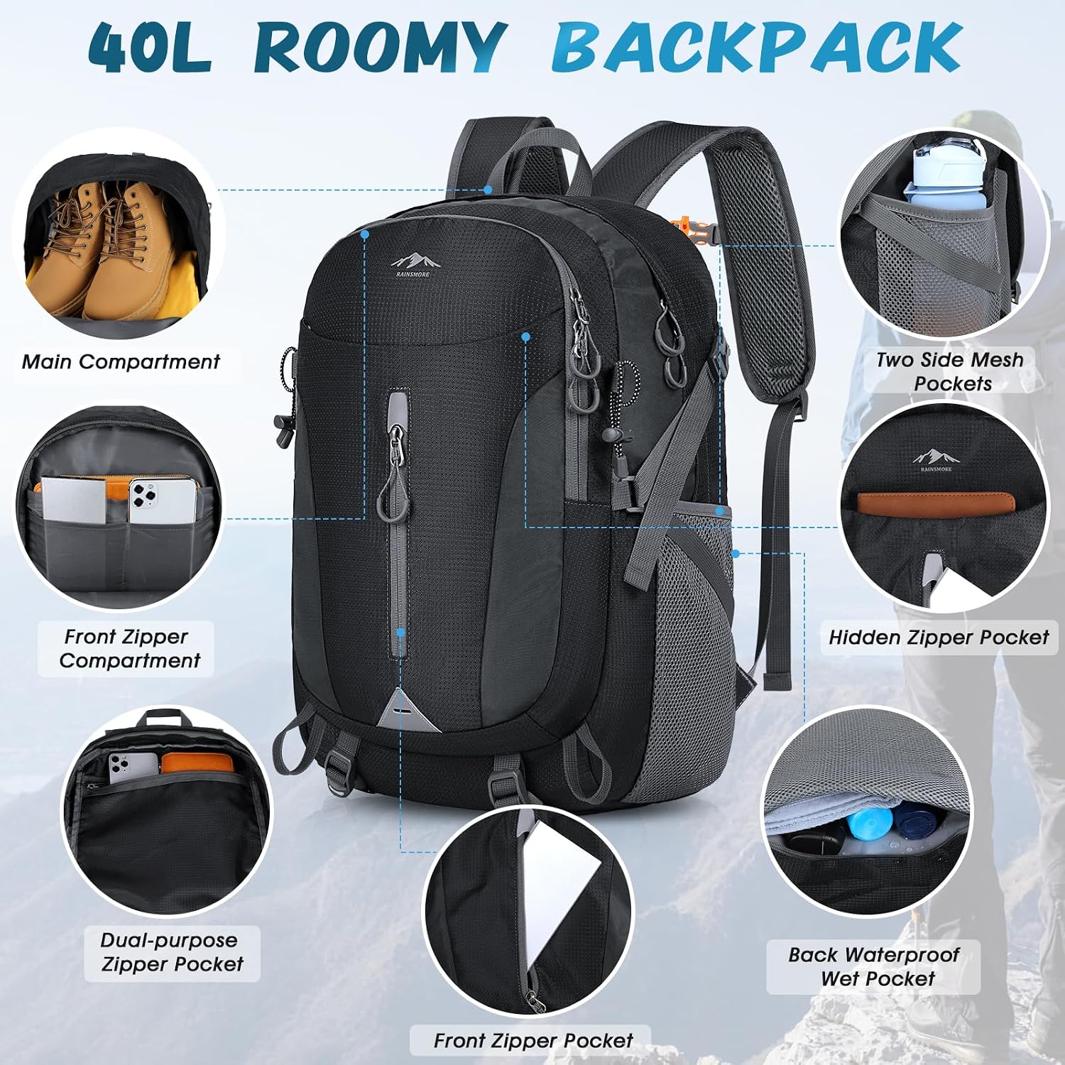 Thumbnail 5 de RAINSMORE Hiking Backpack 40L lightweight packable daypack