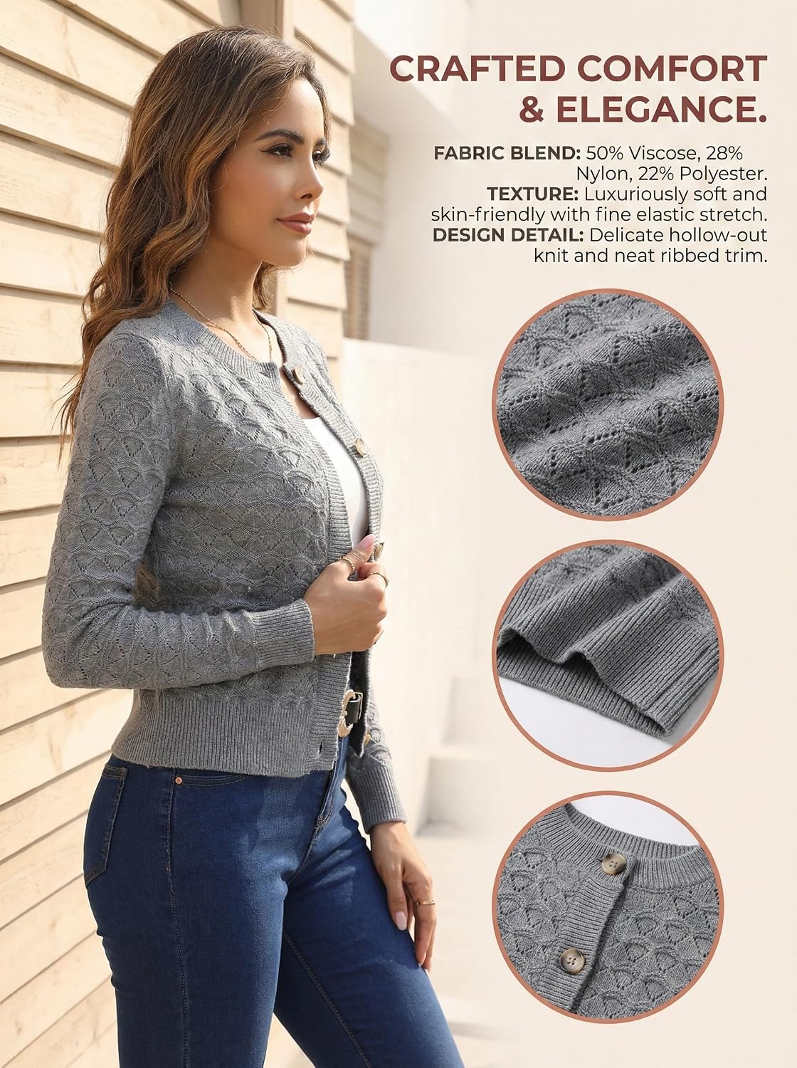 Detalle 2 de Enjyam Damen Strickjacke Elegant Langarm Bolero