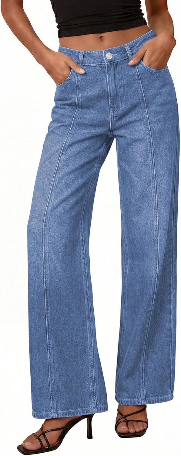 Detalle de PRETTYGARDEN Wide-Leg Jeans for Women, Stretch Denim, High-Rise, Seamed Front