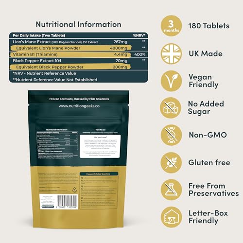 Detalle de Nutrition Geeks Lion's Mane Focus+ 4000mg with Vitamin B1 & Black Pepper — 180 Vegan Tablets (15:1 Extract) UK Made