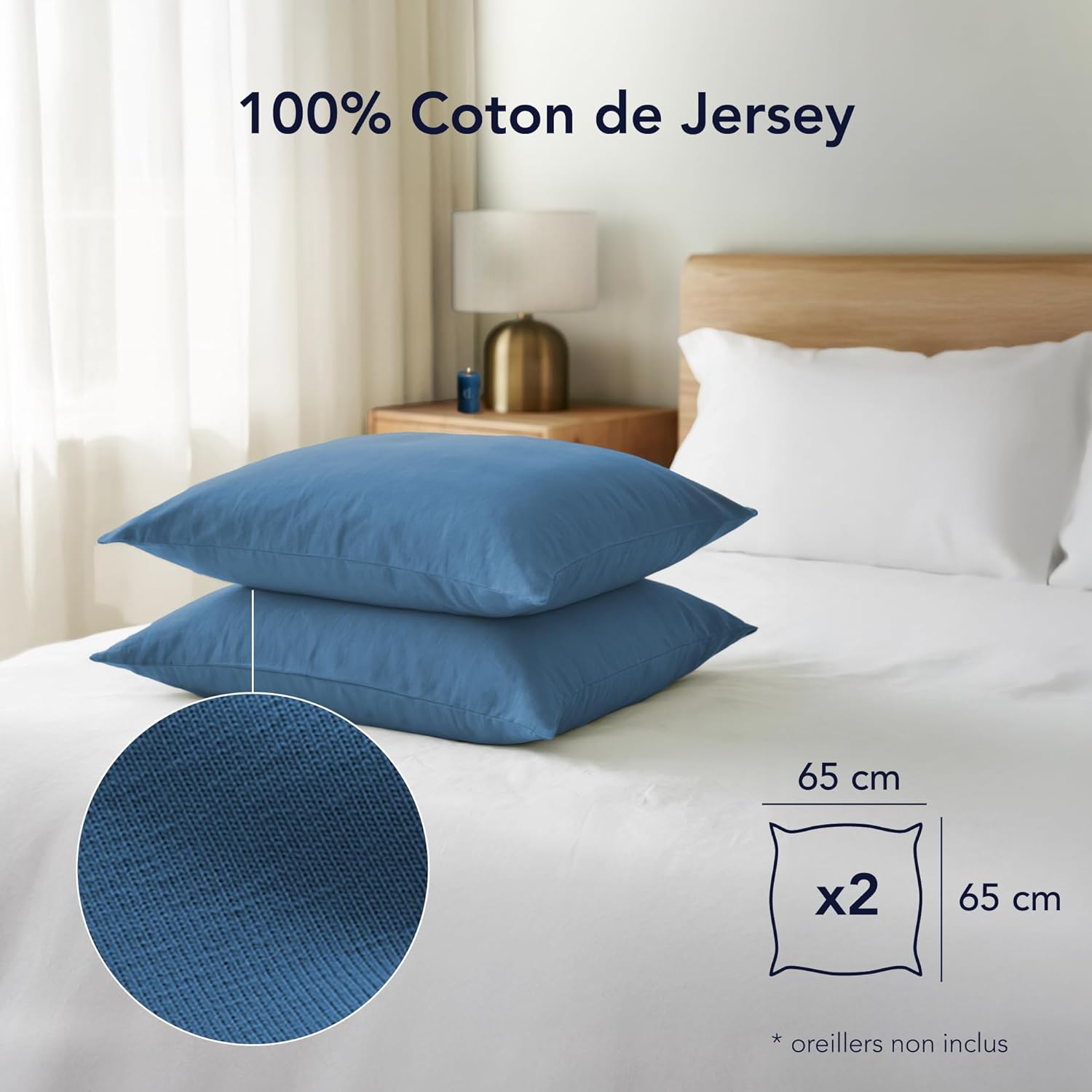 Thumbnail 1 de Taies d’oreiller Dreamzie 65x65 cm en coton jersey (lot de 2) – Bleu