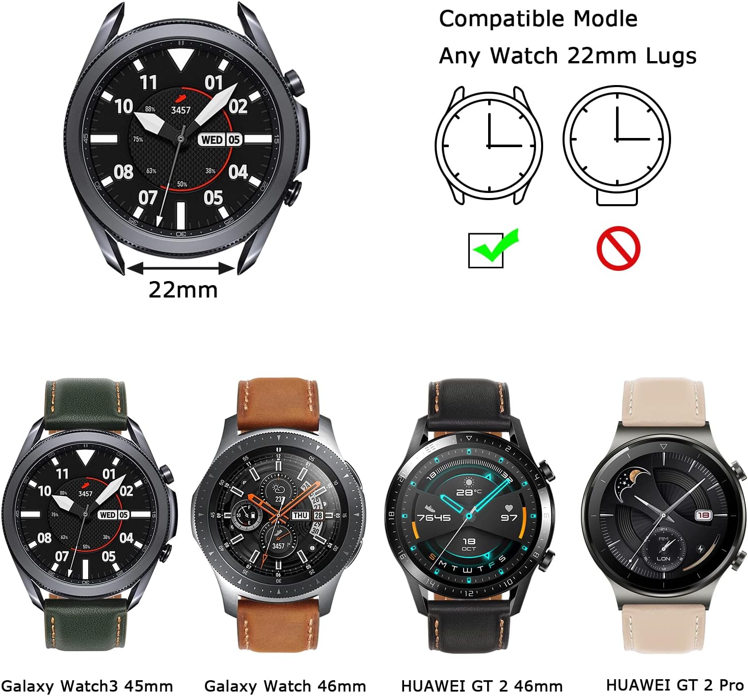 Detalle 1 de Tasikar 22mm genuine leather watch strap with quick-release pins for Samsung Galaxy Watch (47mm/43mm) and more