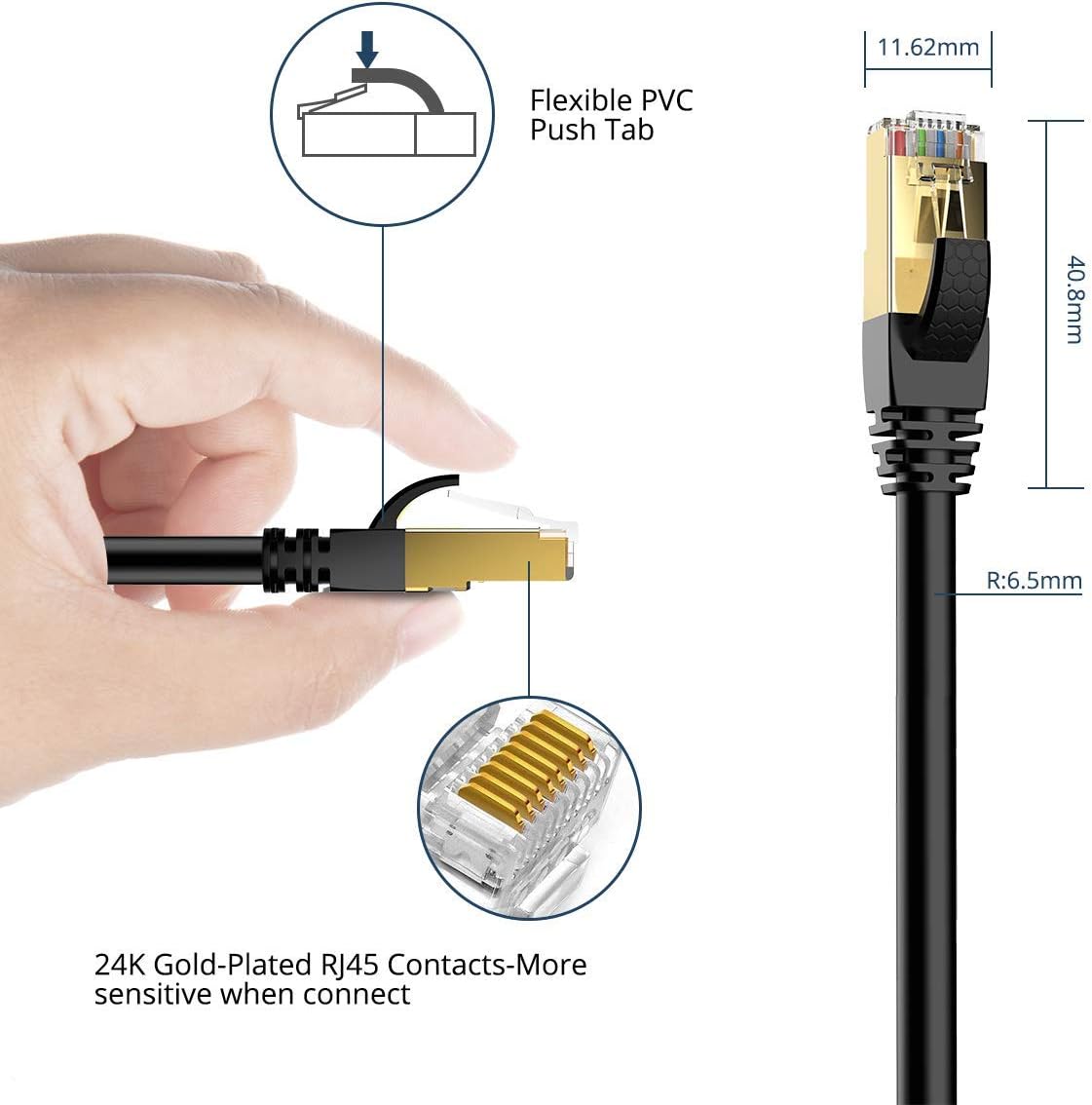 Thumbnail 5 de Veetop CAT8 Ethernet Cable 1m/3ft 3-Pack with Gold Plated RJ45 Connectors