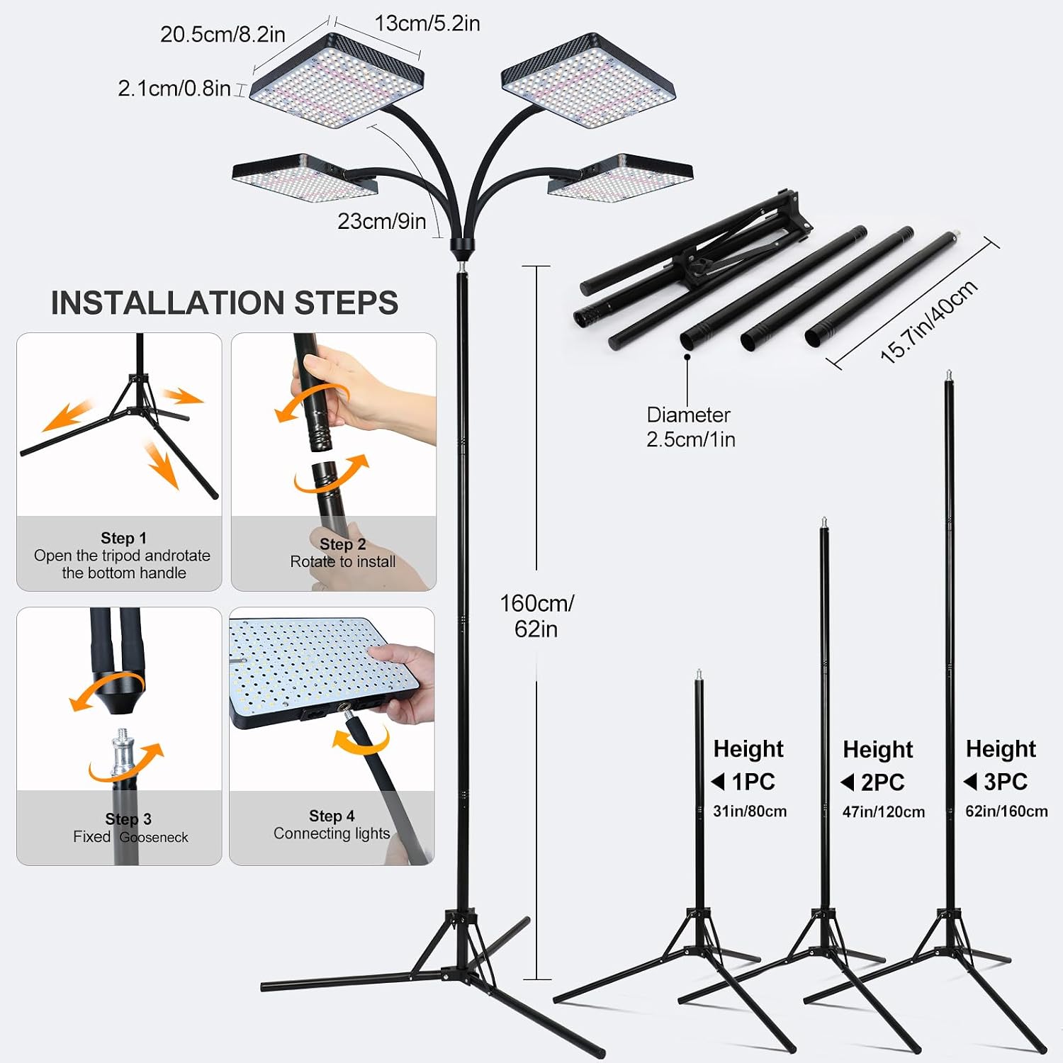 Thumbnail 6 de FECiDA Zinqolay 76-Inch Standing Grow Light, 4 Heads, Full Spectrum, Timer