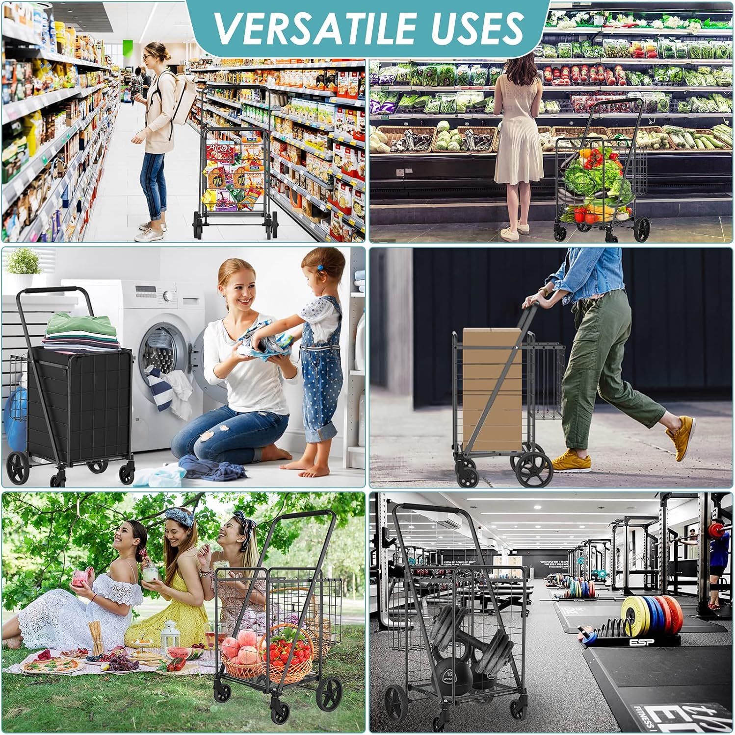 Thumbnail 6 de RXUJYC Shopping Cart, 330 lb Folding Grocery Cart with Double Baskets & Swivel Wheels