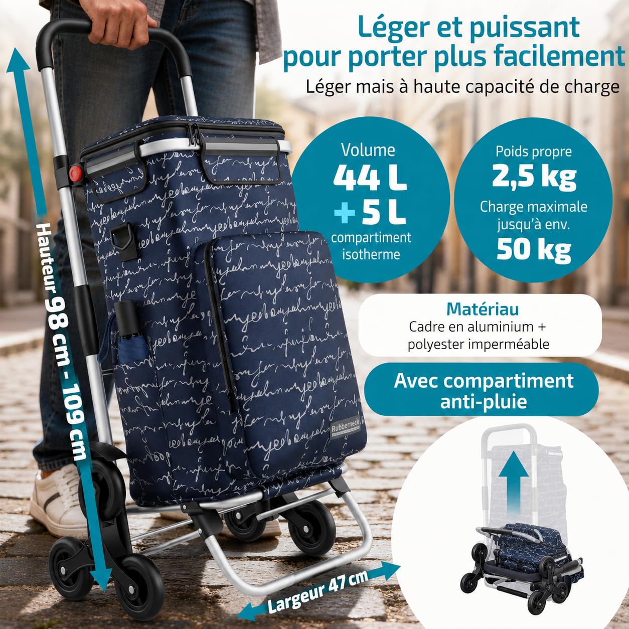 Detalle de Chariot de Courses Rubberneck Capacité 44L – Pliable, Isotherme, Bleu