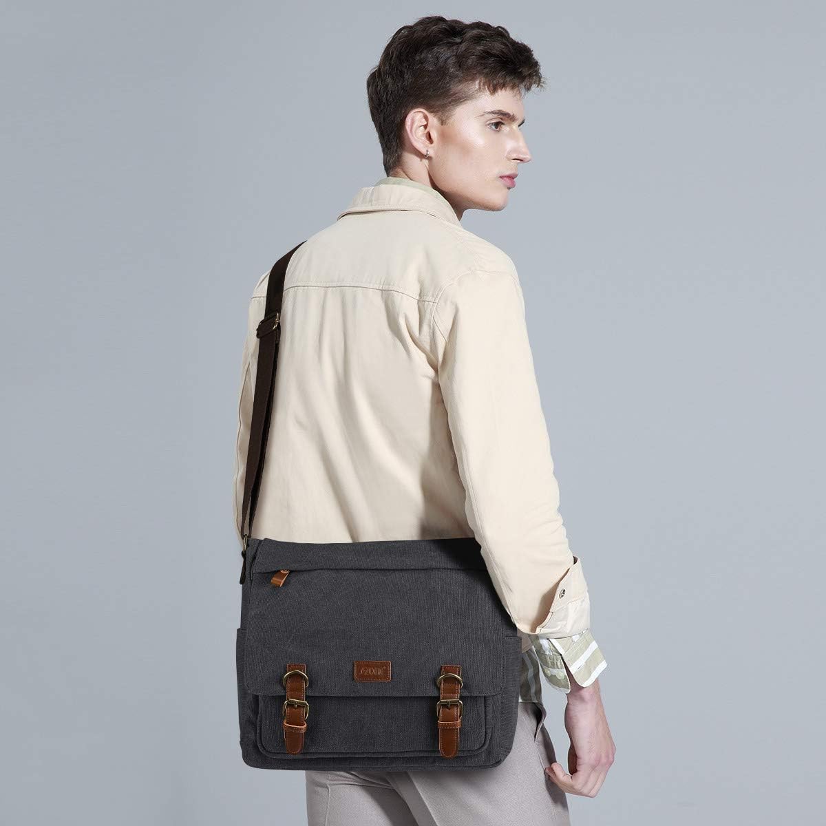 Detalle de S-ZONE Homme sac à bandoulière 15,6 pouces en toile vintage avec compartiment ordinateur